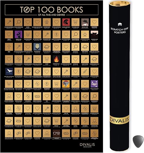 Divalis Póster para rascar – 100 libros imprescindibles de todos los tiempos – Tabla de lista de cubos de lectura – Fácil de enmarcar 24 x 16 –