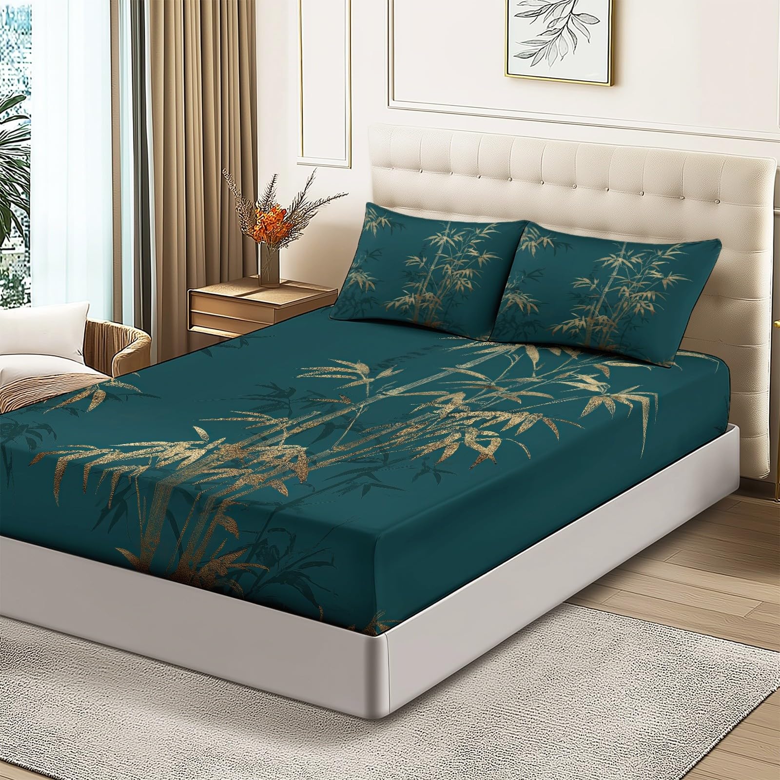 Sábanas Ajustables 180 x 200 cm Sábanas Estampadas con Bambú Dorado Estilo Tradicional Chino hexagonales Elástico en Todo el Contorno, 30 cm de Profundidad, Microfibra hipoalergénica Azul Marino