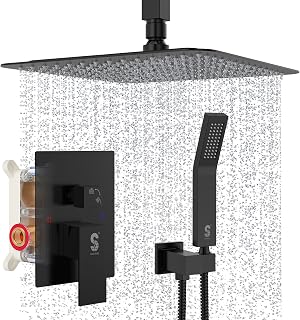 SR SUN RISE 12 Inches Matte Black Shower System. Ceiling Mounted Shower Faucets Sets Complete. Contain Shower Faucet Rough-in Valve Body and Trim