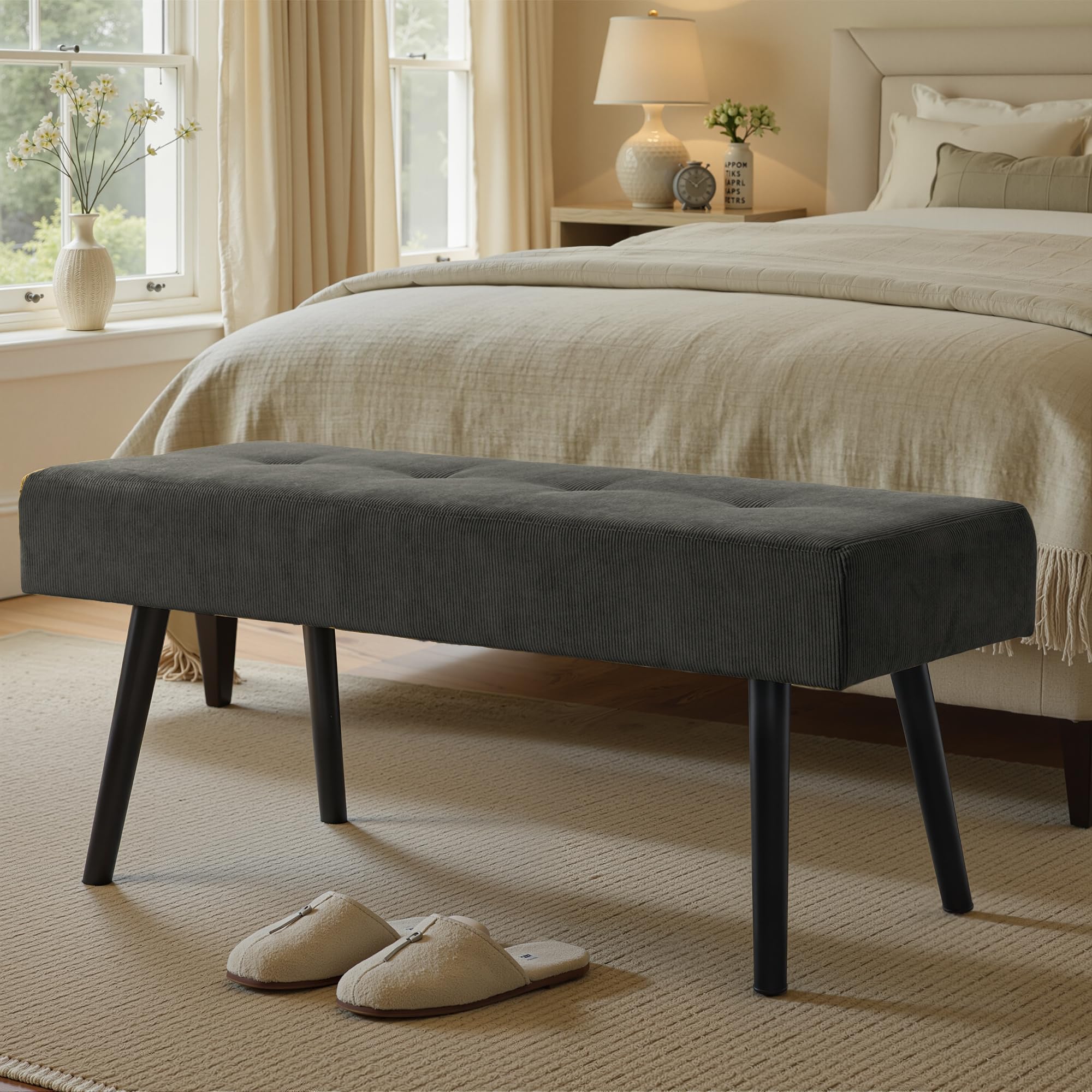 Entryway Bench - Grey Bench for Bedroom, Modern Ottoman End of Bed, Corduroy Padded Benches for Living Room, Foyer, Mudroom, Hallway - 39" L x 14" W x 17" H