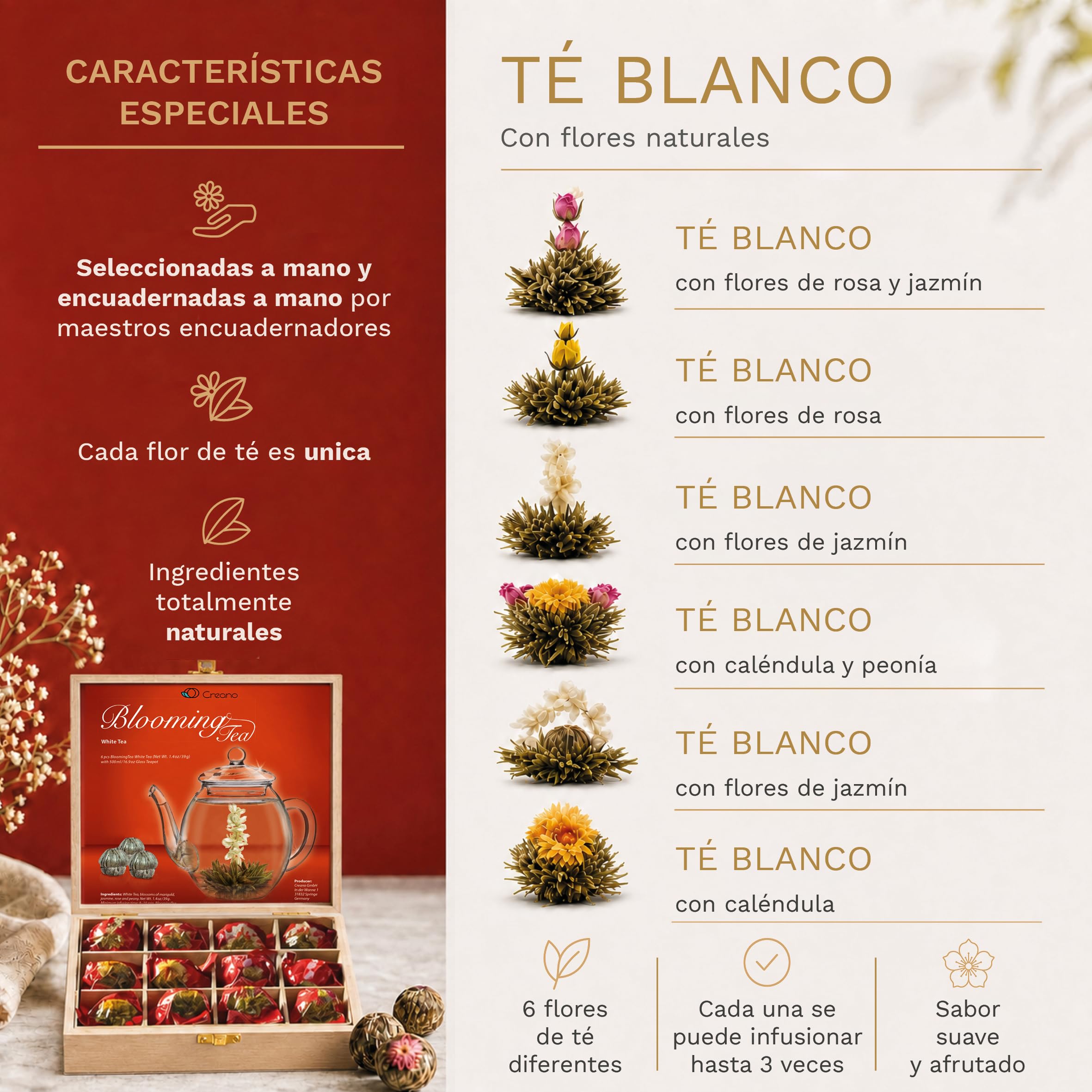 Creano Flores de Té Blanco 12 uds – Cofre de Madera con 6 Variedades – Regalo Sostenible y Elegante para Mujer y Amantes del Té Gourmet