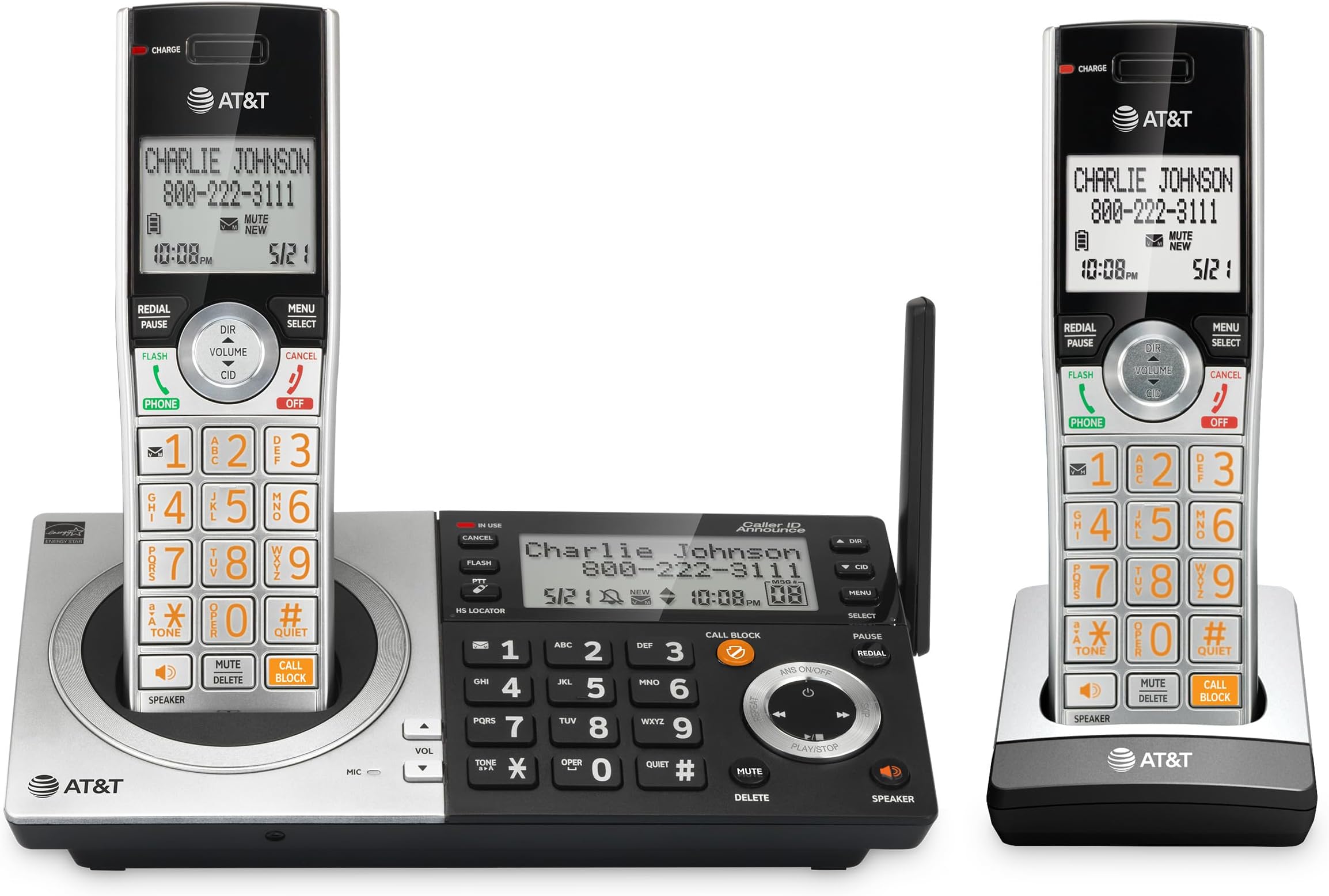 AT&T CL83207 DECT 6.0 Expandable Cordless Phone with Smart Call Blocker, Silver/Black with 2 Handsets