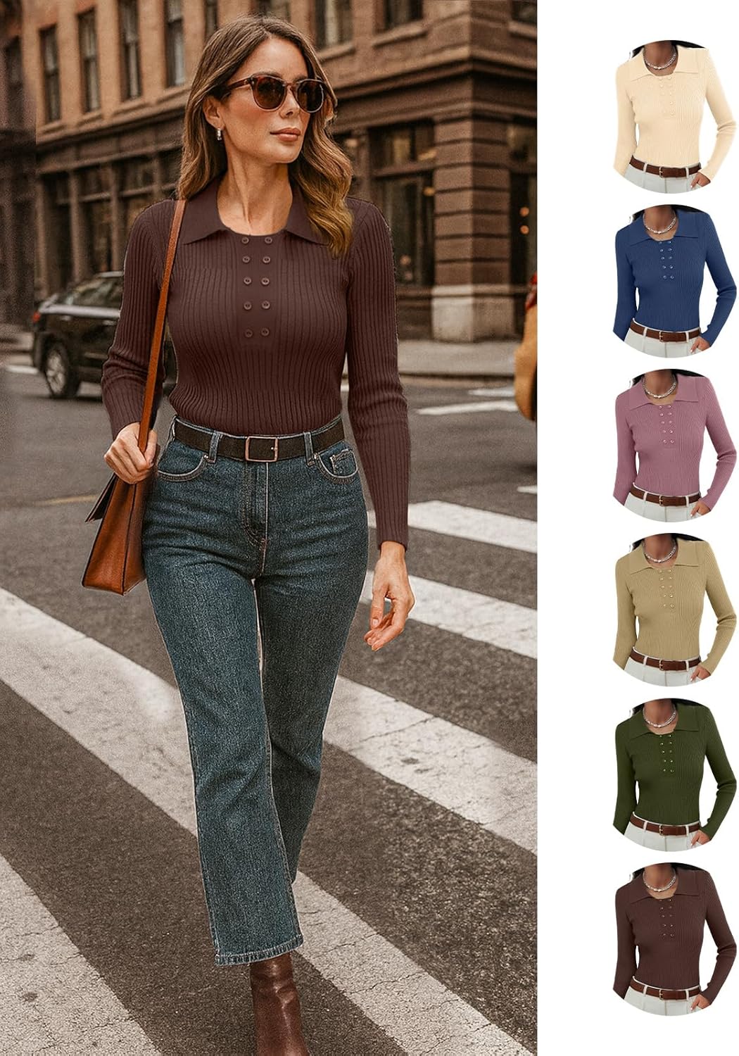 Ninee Womens Long Sleeve Pullover Sweaters Casual Lapel Crew Neck Button Down Tops Trendy Fall Knit Slim Fit Shirts - Image 4