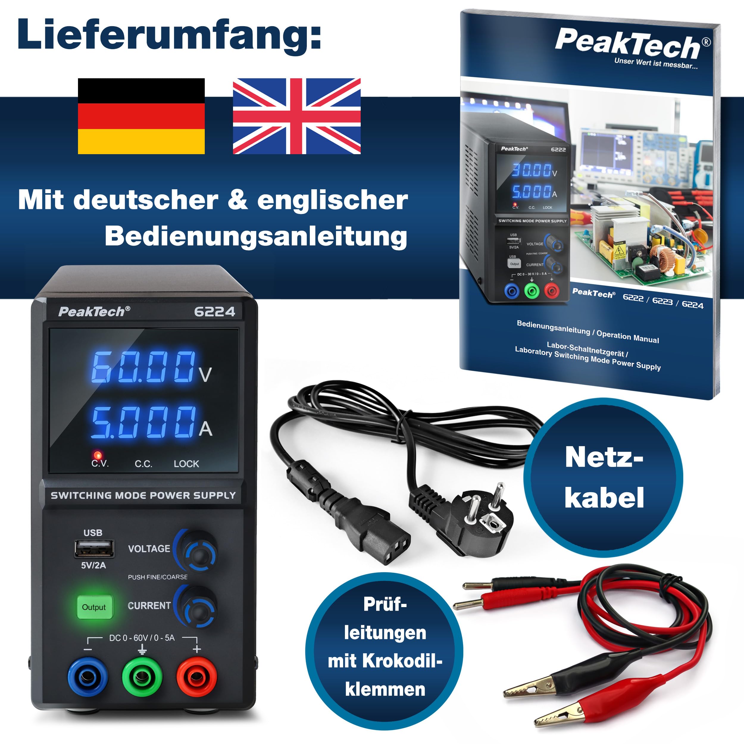 PeakTech 6224 - Labornetzteil DC 0-60V 0-5A 300W Labornetzgerät USB