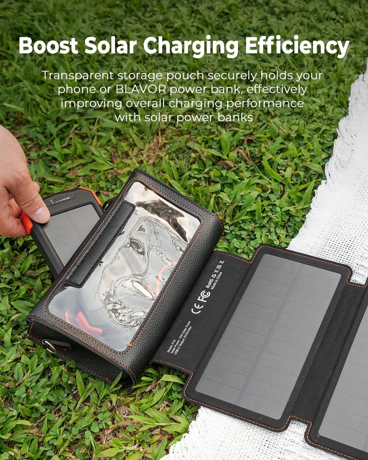 BLAVOR Portable Foldable Solar Charging Pack, Built-in Charging Cable & Crossbody Lanyard, 10W High-Efficiency Solar Panels with USB-C Port, Waterproof Durable for Outdoor Camping Hiking Backpacking