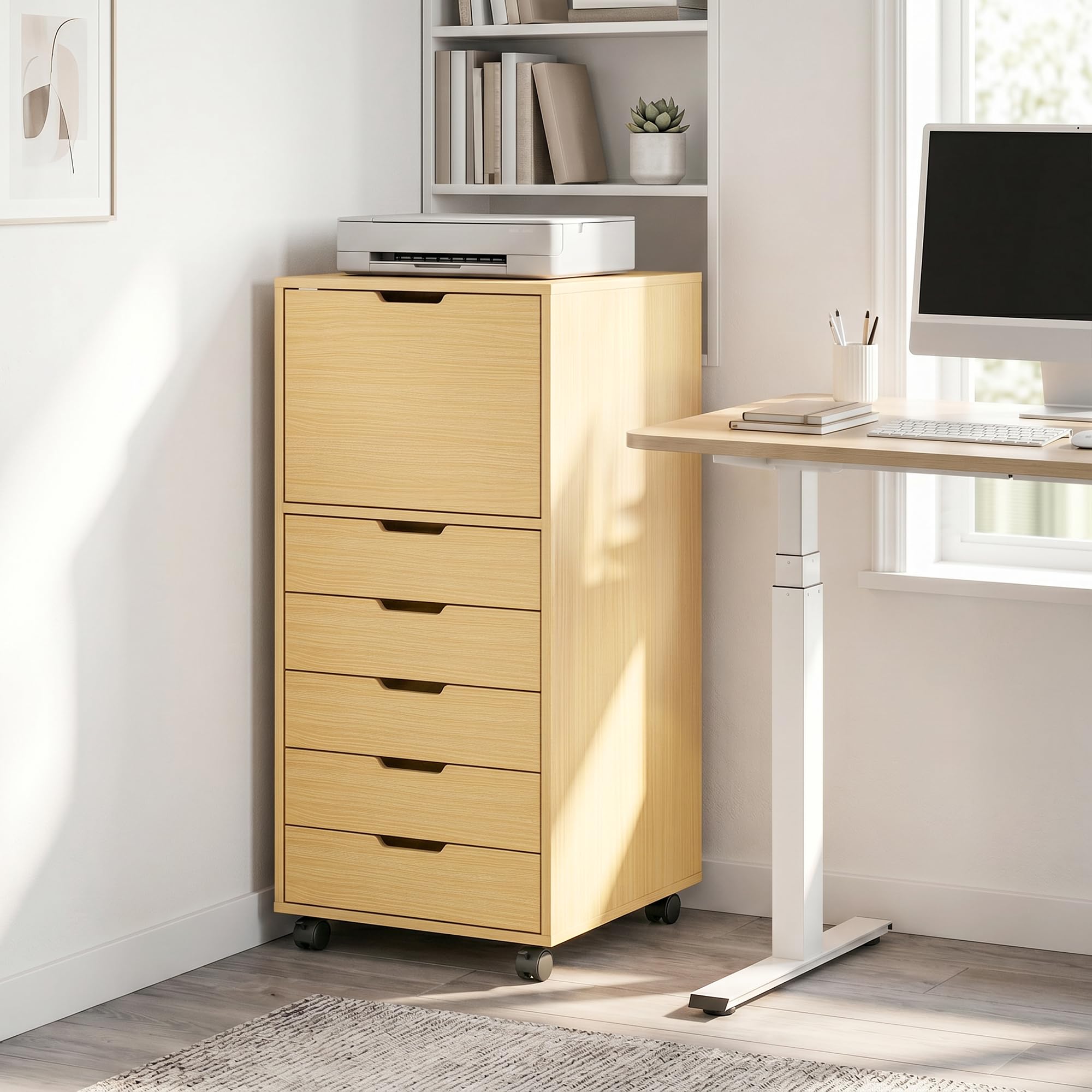 HOMCOM Schreibtisch mit 5 Schubladen auf Rollen und Schrank Natur | Büro-Schubladeneinheit, Soft-Close, Druckerständer, Aktenschrank, für Home-Office