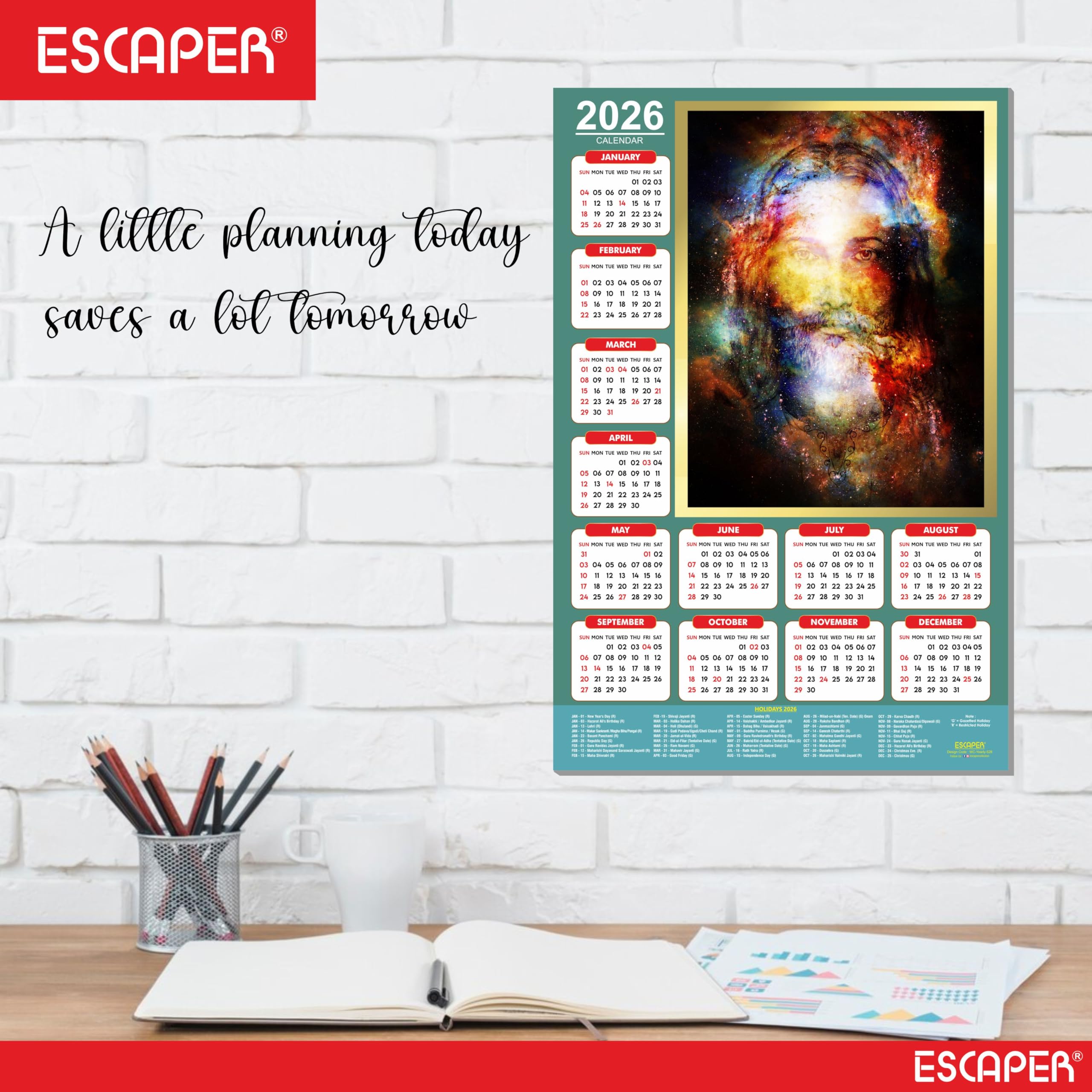 ESCAPER Calendario de pared de Jesús 2026, 12 x 18 pulgadas, calendario cristiano laminado con vacaciones indias, decoración religiosa de pared para el hogar y la oficina