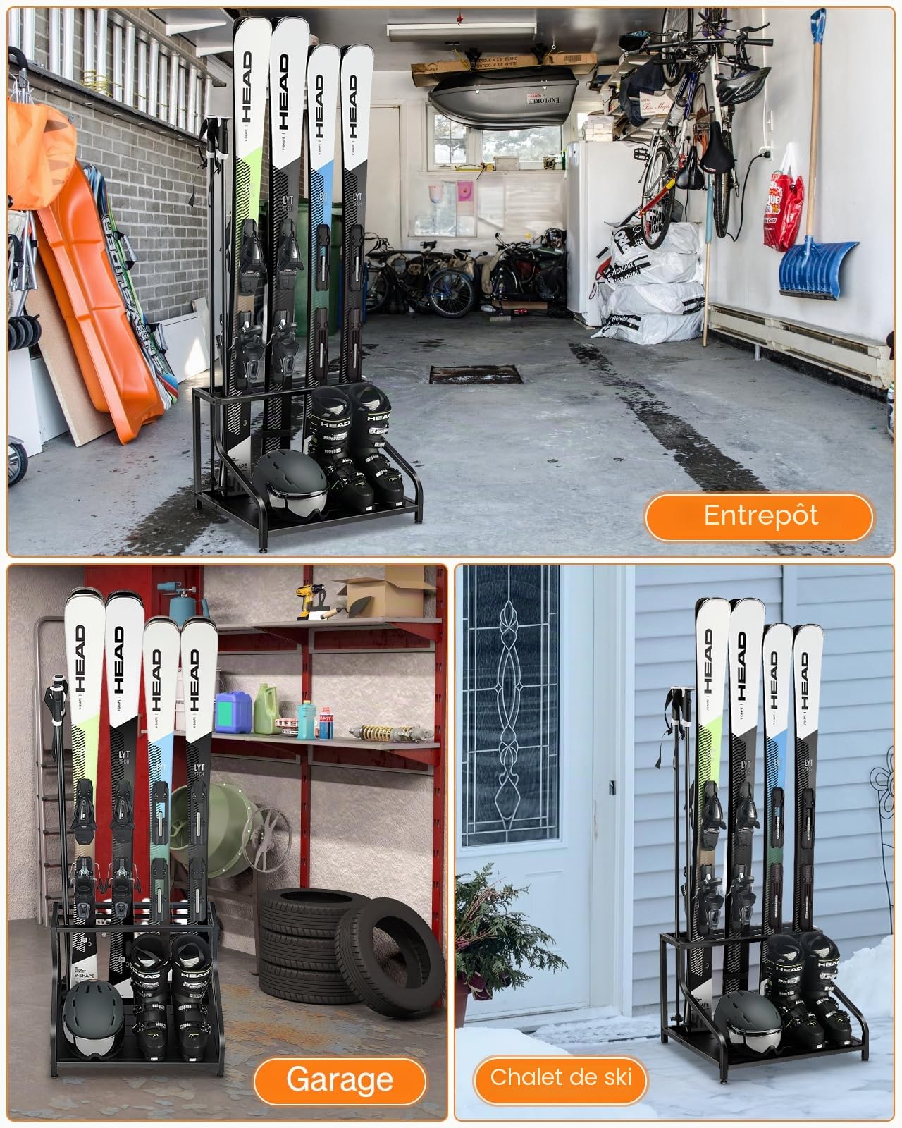 FHXZH Porte-skis pour garage – Supports de ski autoportants pour 4 paires de skis, bottes de ski, bâtons de ski, lunettes, casque et plus encore, support de sol en acier robuste pour garage, sous-sol