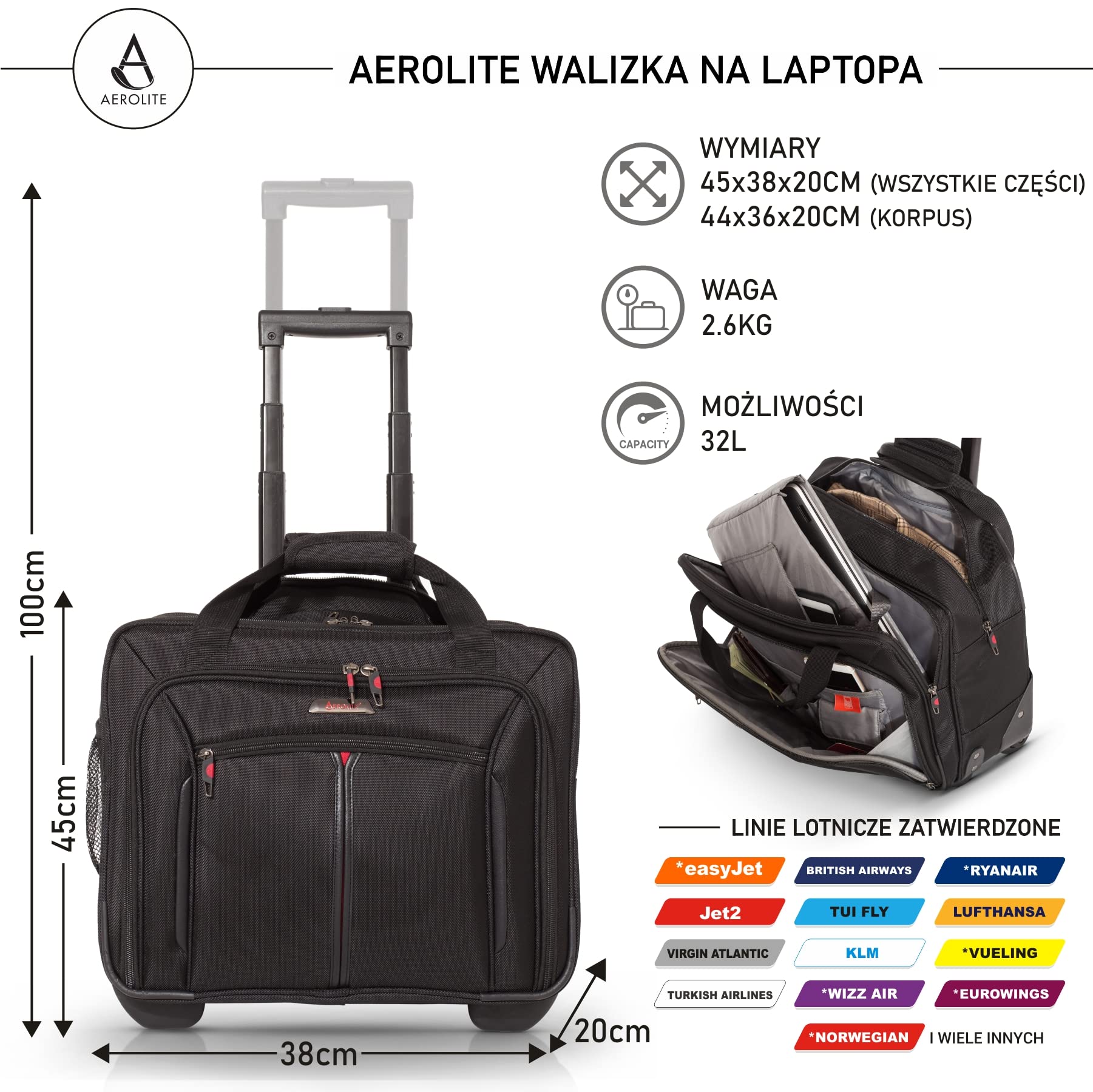 Aerolite Twarda skorupa zwijana wyściełana torba na laptopa na 4 kółkach - pasuje do 15,6 cala, wózek na noc, biznesowy, podręczny bagaż, Czarny 2023