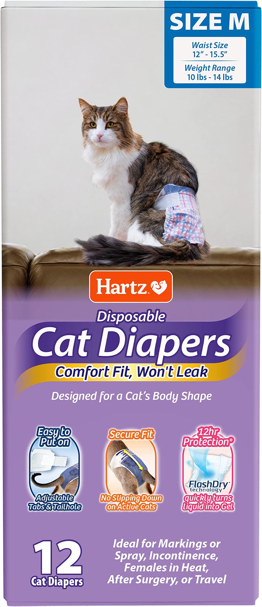Hartz Disposable Cat Diapers, Easy to Put On, Comfortable & Secure Fit for 12 Hours Leak Protection, Multiple Sizes
