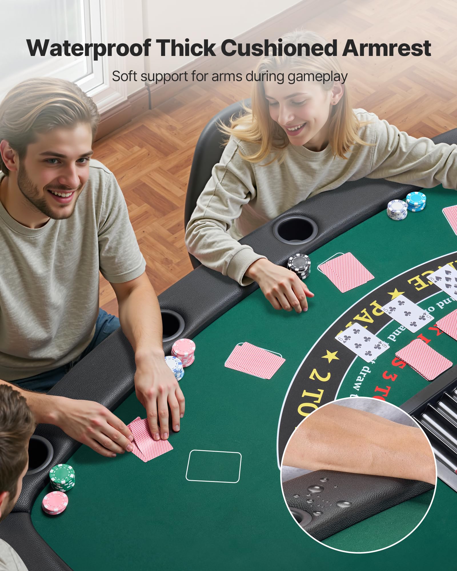 VEVOR klappbarer Pokertisch für 7 Spieler 183 cm Kasino-Freizeittisch mit gepolsterten Schienen & Getränkehaltern, Halbovale tragbare Spieltische mit Filz- und Metallbeinen
