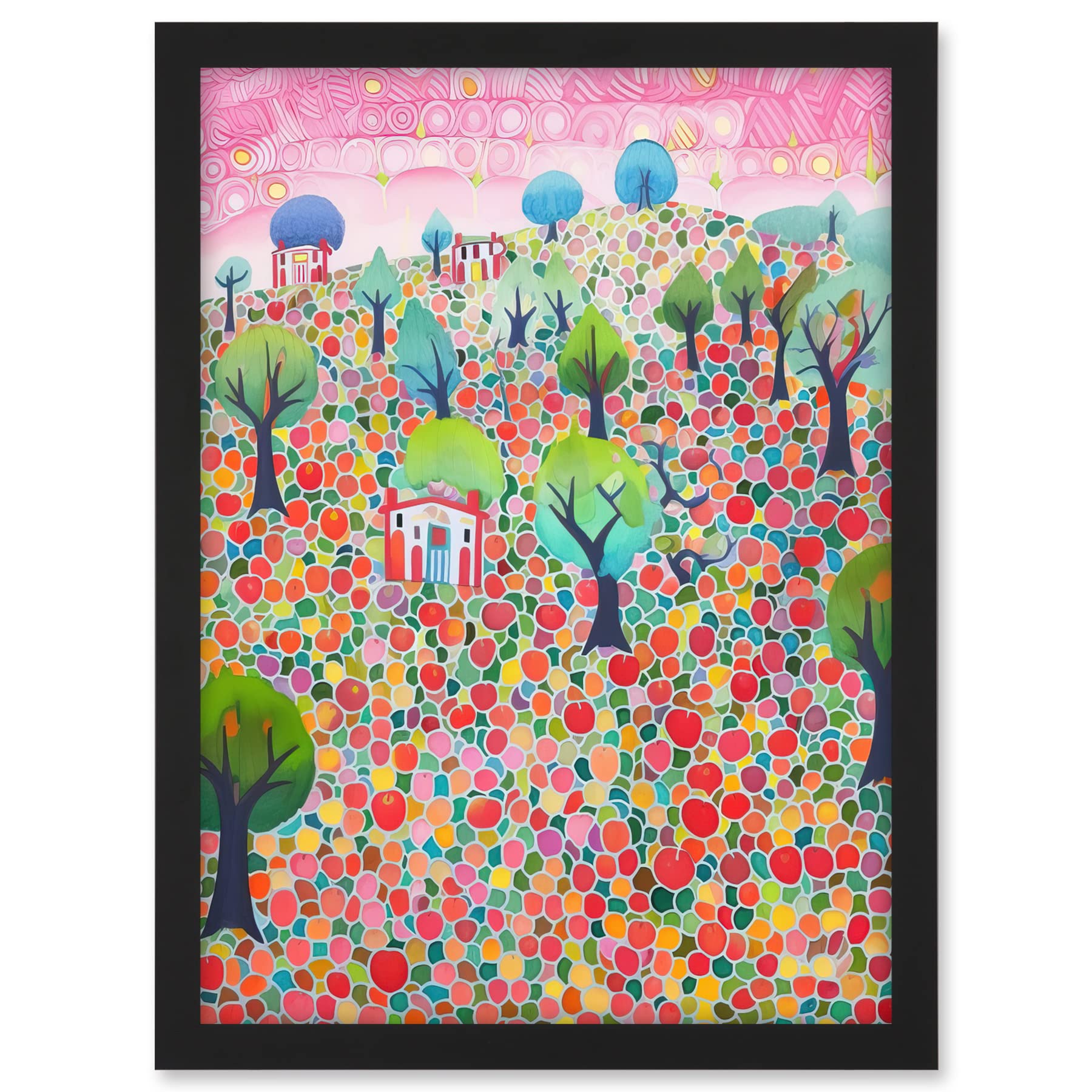 Artery8 Apple Tree Orchard Fields At Sunset Folk Art Watercolour Painting Artwork Framed A3 Wall Art Print