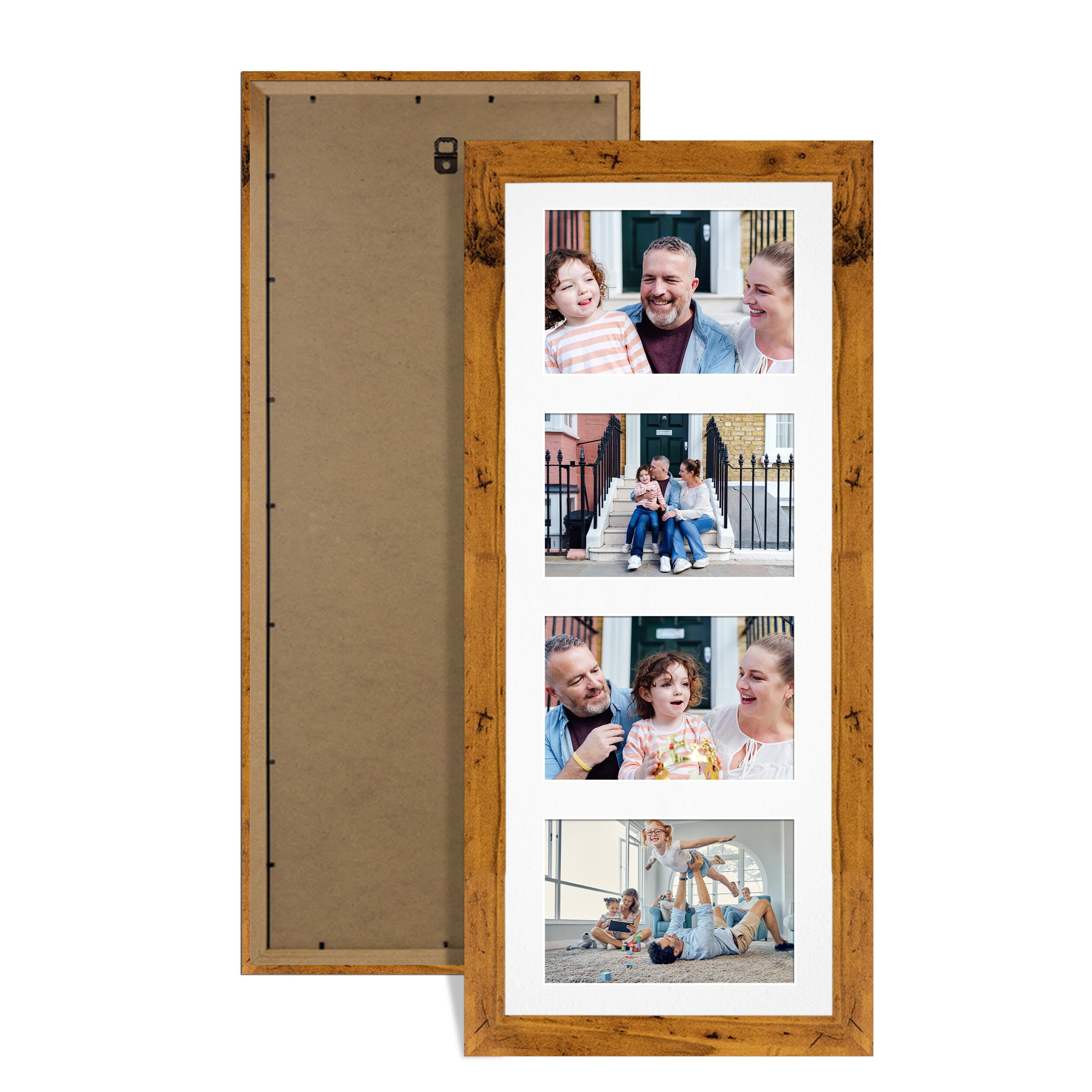 Alison Kingsgate Rustic Oak 50x20cm Photo frames for multiple pictures -4 Apertures Collage Frame with White Mount - Holds (4x) 6x4 Photos - Engineered Wood & Perspex
