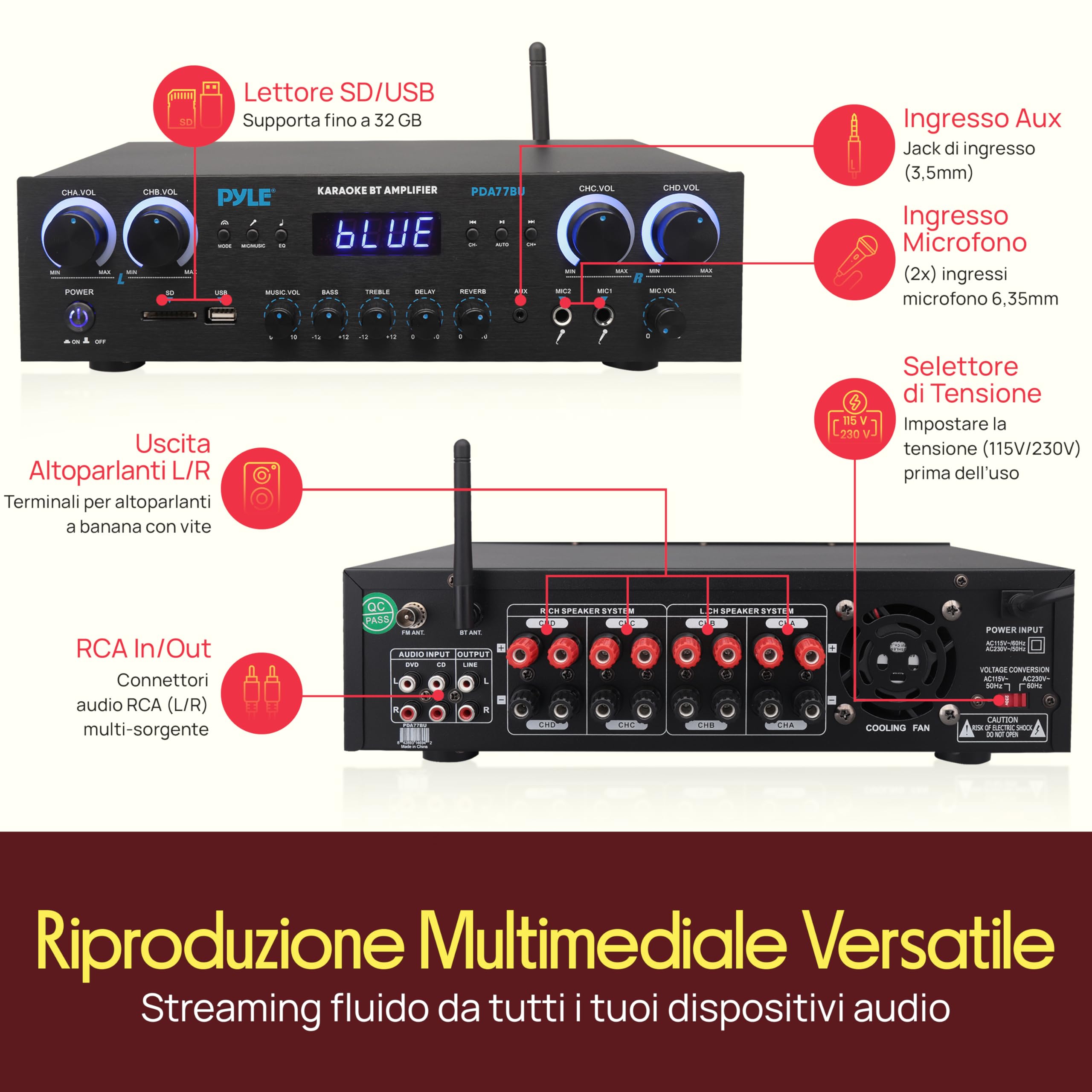 Pyle Amplificatore Audio 4 Canali Bluetooth 800 Watt Picco Home Theater Karaoke