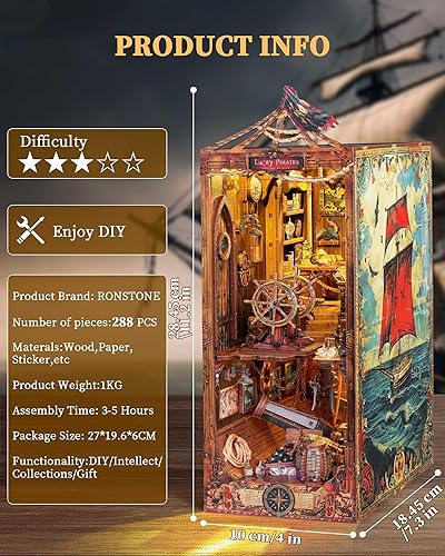 Miniatura 18 de RONSTONE Kit de rincón de libros de bricolaje, kit de casa de muñecas de Navidad en miniatura 3D rompecabezas de madera con luz LED, kits