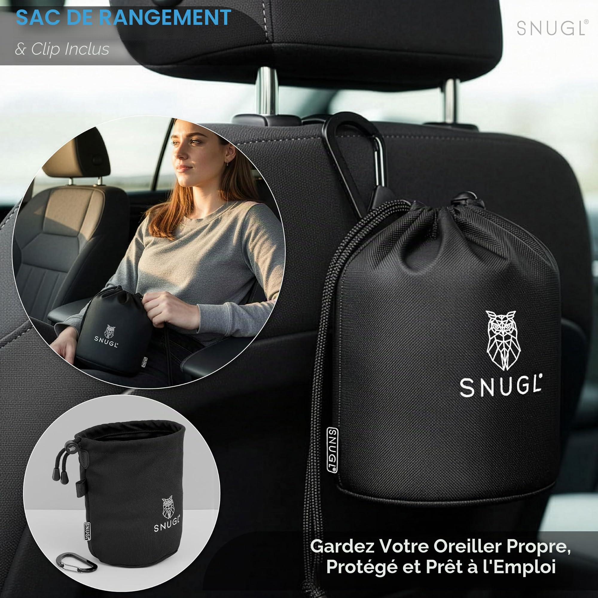 SNUGL Appui-tête Voiture en Mousse à Mémoire | Coussin de Nuque Ergonomique pour Siège Auto avec Double Sangle Réglable et Housse Amovible – Soutien Confortable pour la Tête et Le Cou (Gris)
