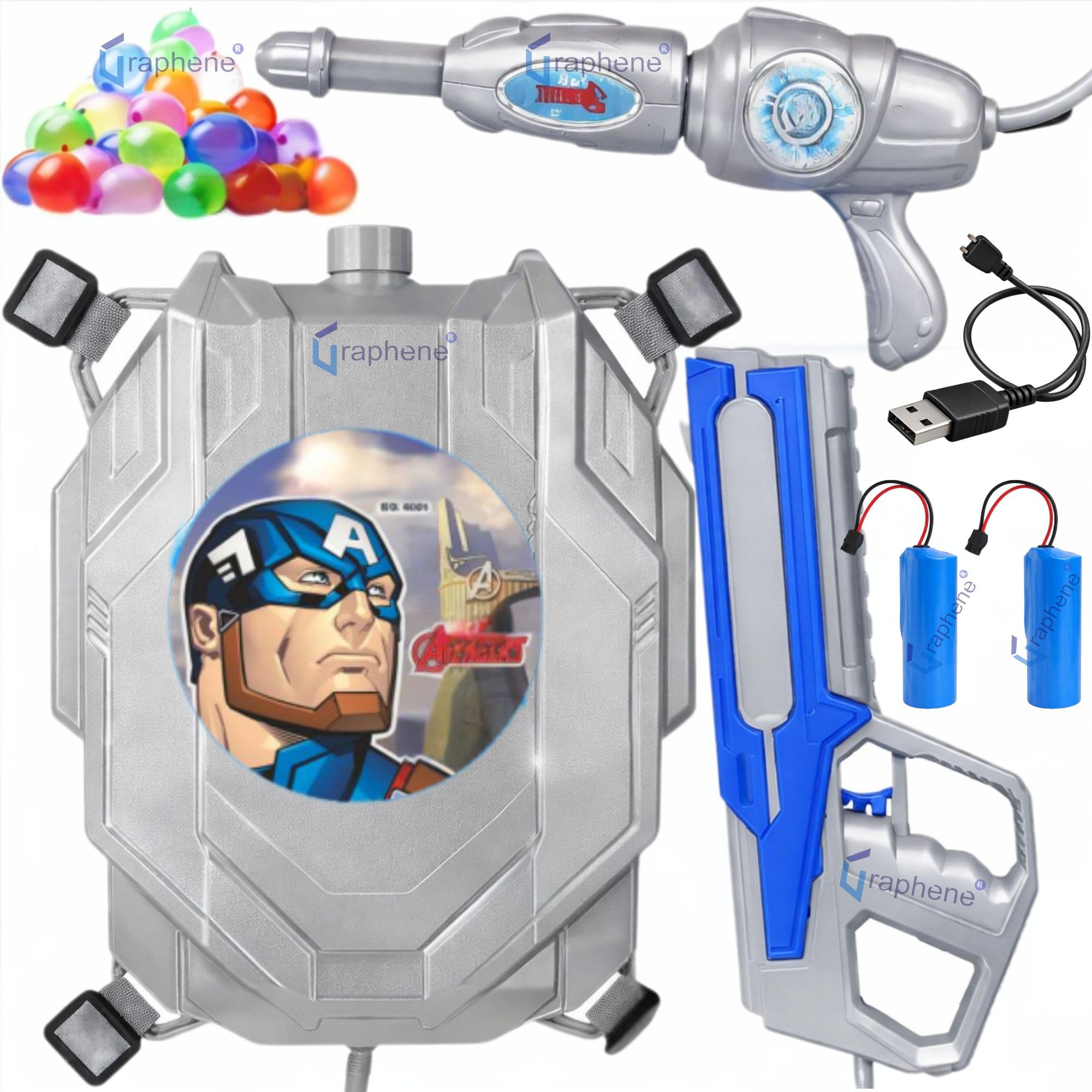 - GRAPHENE Grey Dual Holi Pichkari Electric Water Gun with 100 Balloons & 1 Extra Rechargeable Battery 8L Backpack Water Tank High Pressure Automatic Squirt Spray Pistol Summer Fun 3+ Kids Boys Girls