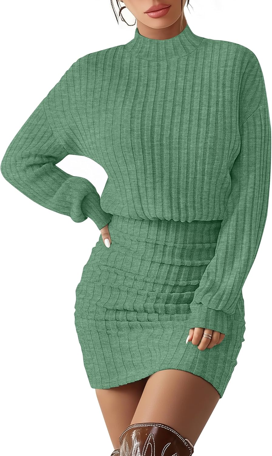Women's Pullover Sweater Dress Long Lantern Sleeve Ribbed Knit Mock Neck Ruched Bodycon Casual Mini Dress 2025