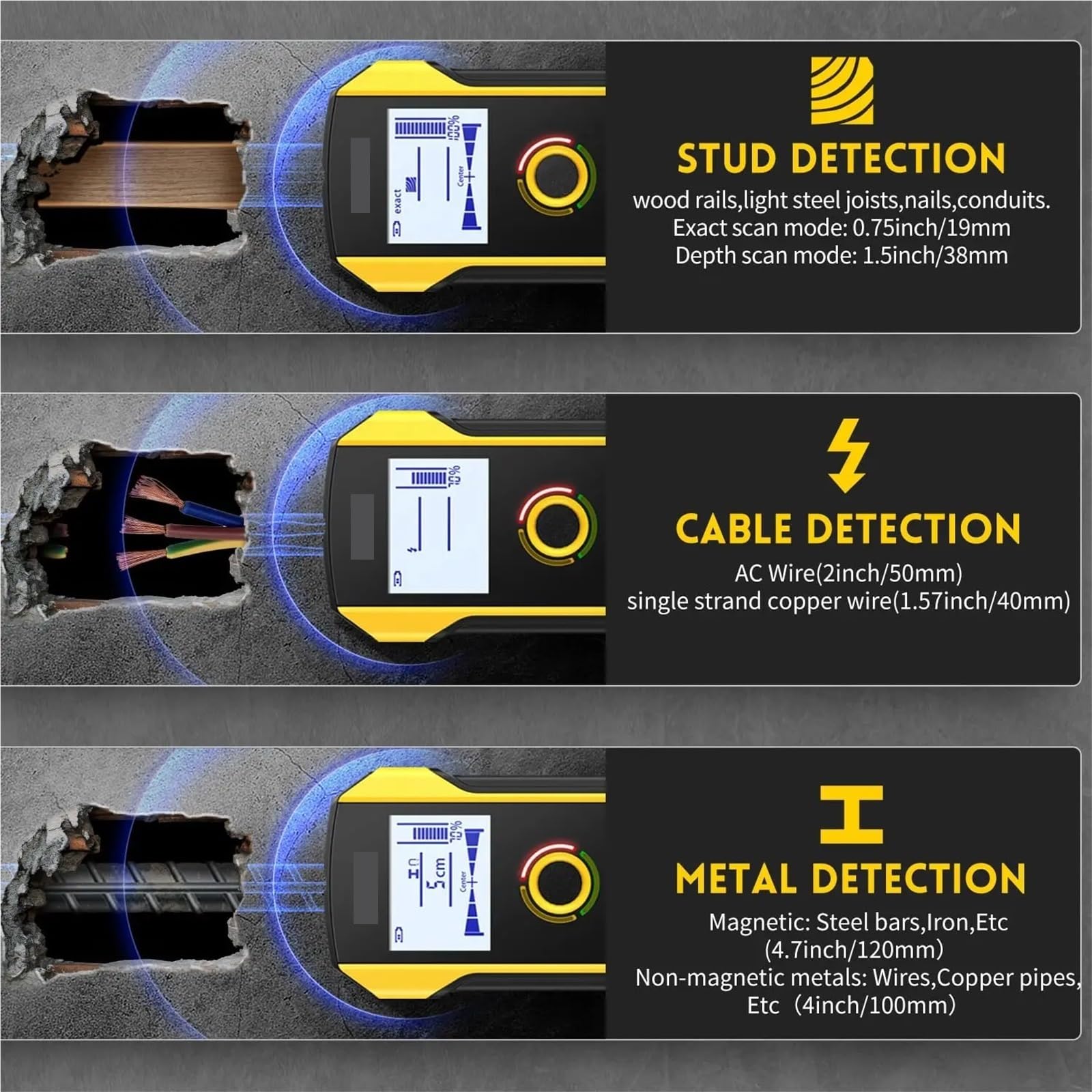 Czujnik ścienny, 6 w 1 elektroniczny wykrywacz drewnianych metalowych słupków, skaner ścienny do środka i krawędzi drewnianych belek nośnych, rur, przewodów AC