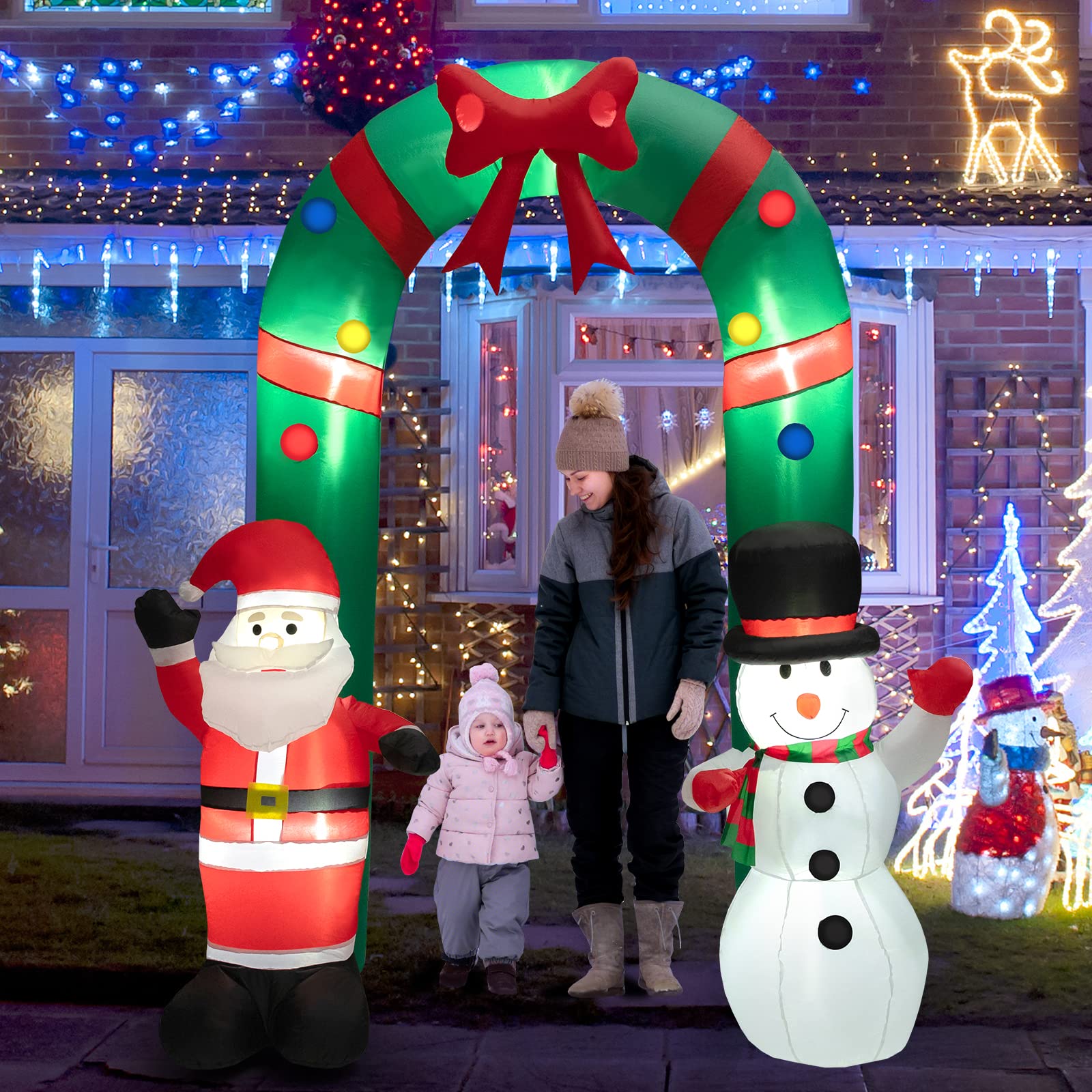 COSTWAY aufblasbarer Weihnachtsbogen 245cm, LED Weihnachtsdekoration mit Weihnachtsmann & Schneemann, Weihnachtsdeko Outdoor, Weihnachtsbeleuchtung für Garten, Hof, Terrasse, selbstaufblasend