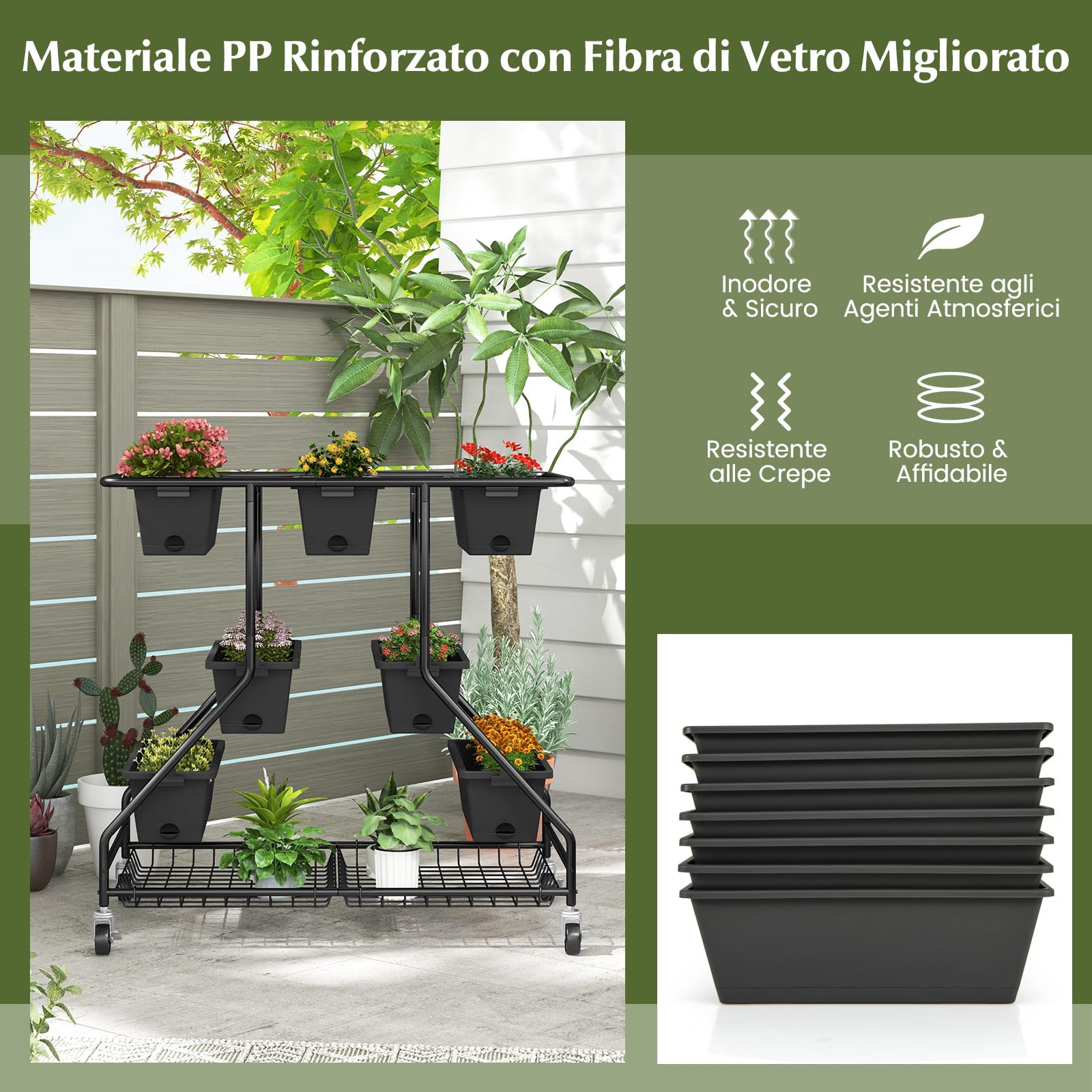 RELAX4LIFE Fioriera da Esterno, Scaffale Porta Piante con 7 Scatole, Fori di Drenaggio e Cesti di Stoccaggio, Supporto per Piante con Ruote Bloccabili per Balcone e Giardino