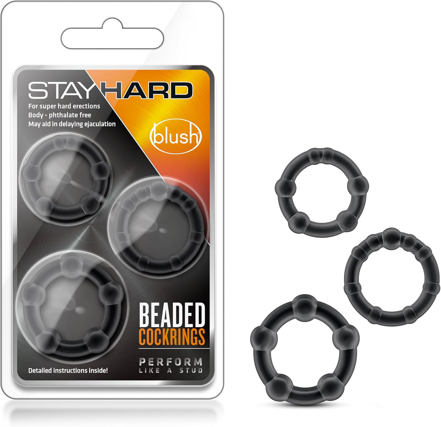 Blush Stay Hard Beaded Cock Rings (3 Sizes) - Soft Stretchy Penis Ring Set (1.25", 1.3", 1.5") - Add Girth, Increase Stamina, Longer, Firmer Bigger Erections - TPE Men 's Adult Sex Toy C-Ring - Black