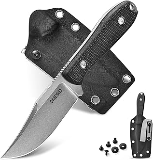 Omesio 42a Compliant EDC Knife, Belt Knife Clip Point Blade 7.8 cm, Kydex Sheath with Whetstone, Small Hunting Knife D2 Steel, Micarta Handle Additional Nylon Rope for Bushcraft Equipment