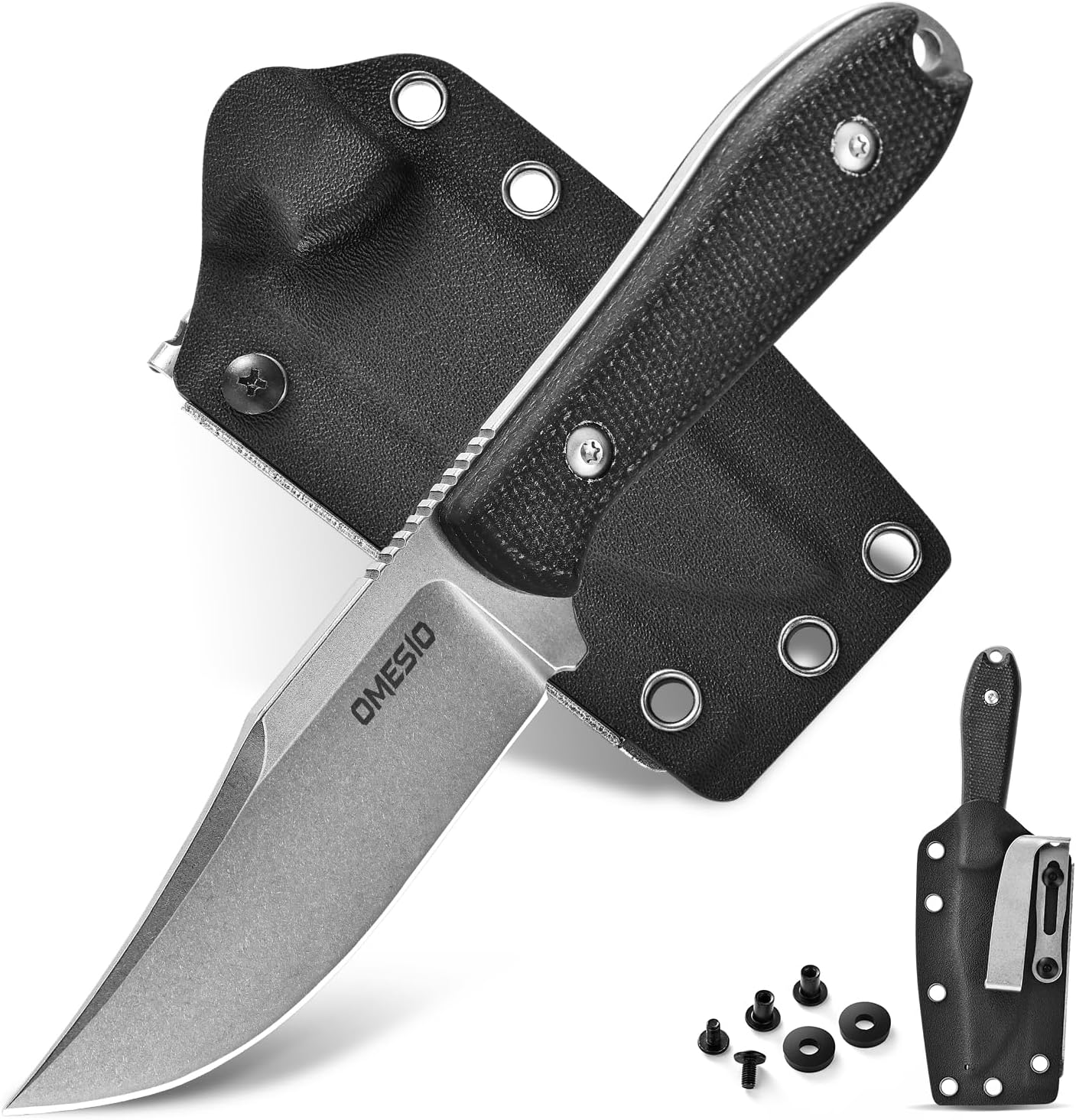 42a Compliant EDC Knife, Belt Knife Clip Point Blade 7.8 cm, Kydex Sheath with Whetstone, Small Hunting Knife D2 Steel, Micarta Handle Additional Nylon Rope for Bushcraft Equipment