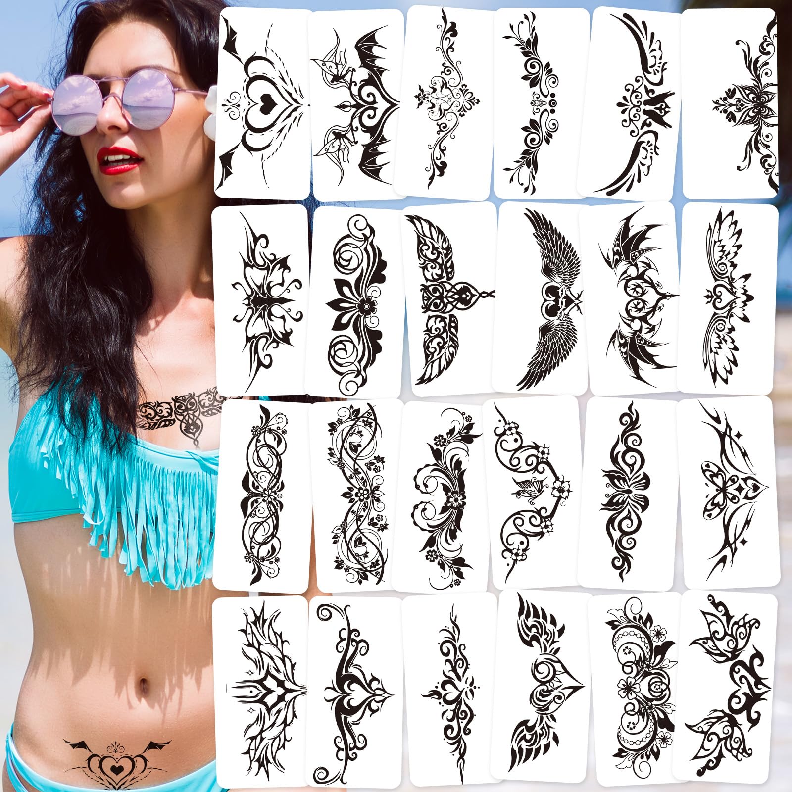 24-Sheet Naughty Girl Tattoos - Black Wing Temporary Tattoos for Women Ladies Girls - Sexy Flower Designs for Lower Back, Legs & Body - Waterproof Fun