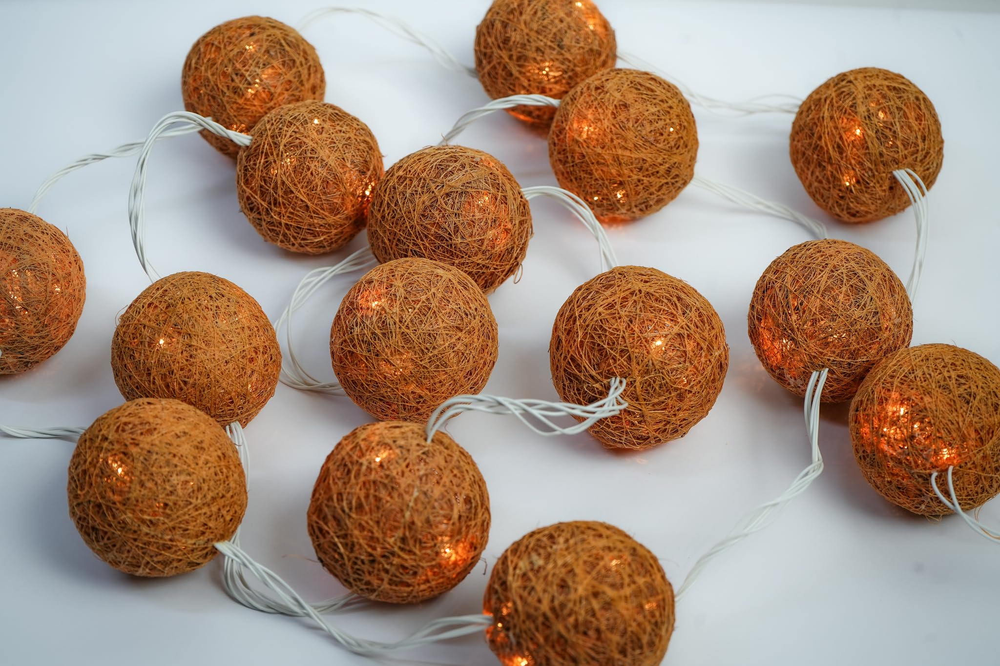 handmade natural coconut coir ball led string lights | eco-friendly warm white fairy lights for home decor, bedroom, wedding, party, diwali & christmas decorations (12 led balls)