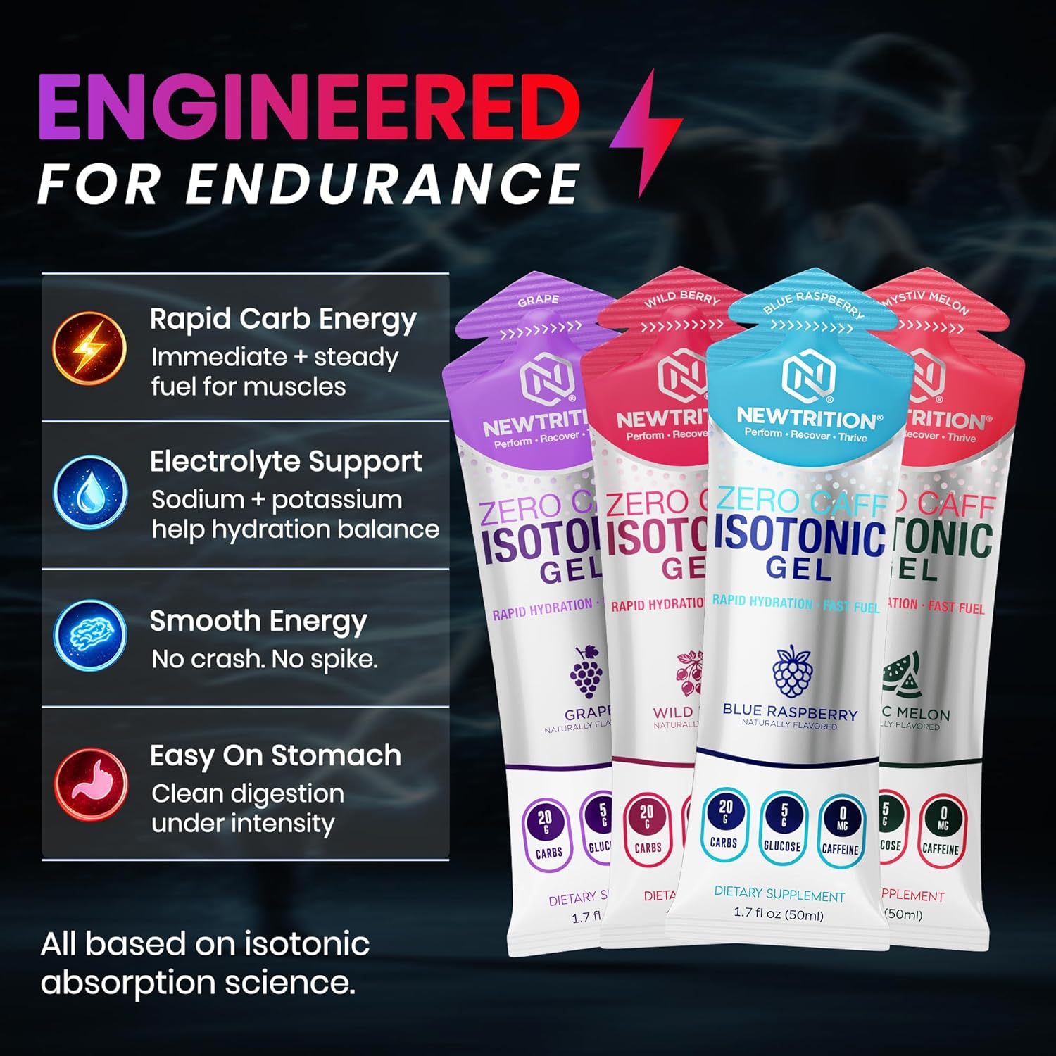 NewTrition® Isotonic Energy Gel – 20g Carbs, No Water Needed - Zero Caffeine Running Gel with Fast Absorption & Smooth Easy Digestion - Endurance Fuel Gels For Runners & Cycling 50ml, Variety Pack