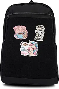 Unisex Large Black Backpack with Coffee Sticker & Patches Area, Ideal for Laptop, Travel & Work, Includes 3 Coffee-Themed Stickers and Patches