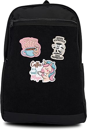 Unisex Large Black Backpack with Coffee Sticker & Patches Area, Ideal for Laptop, Travel & Work, Includes 3 Coffee-Themed Stickers and Patches