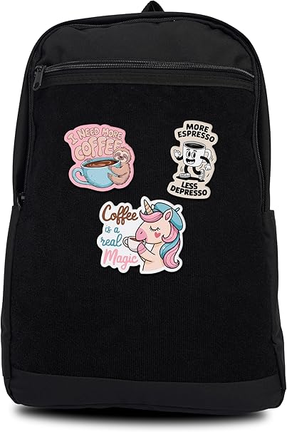 Unisex Large Black Backpack with Coffee Sticker & Patches Area, Ideal for Laptop, Travel & Work, Includes 3 Coffee-Themed Stickers and Patches