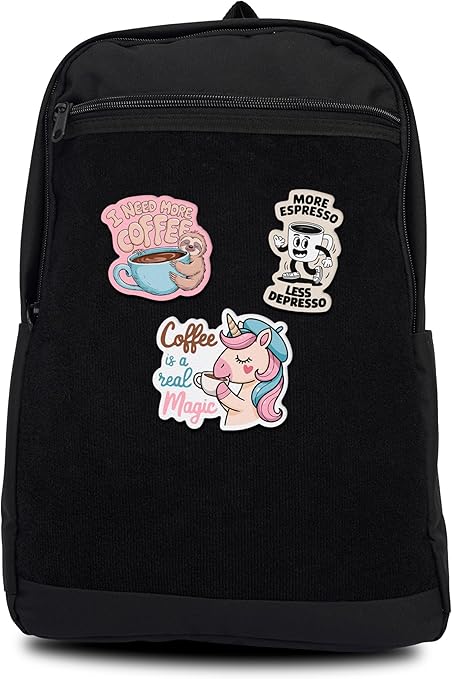 Unisex Large Black Backpack with Coffee Sticker & Patches Area, Ideal for Laptop, Travel & Work, Includes 3 Coffee-Themed Stickers and Patches