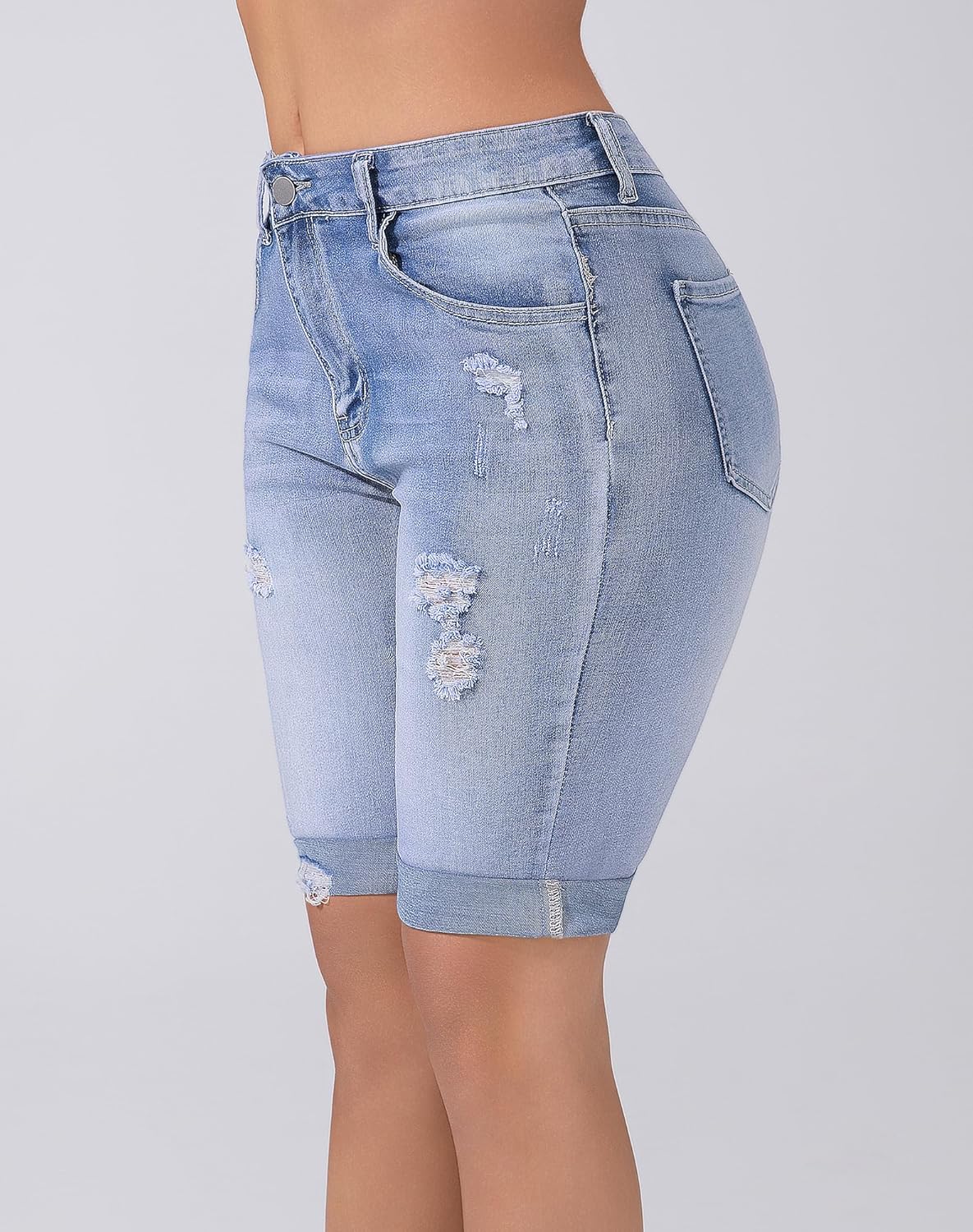 Womens Bermuda Shorts High Waisted Ripped Stretchy Cuffed Denim Shorts - Image 2