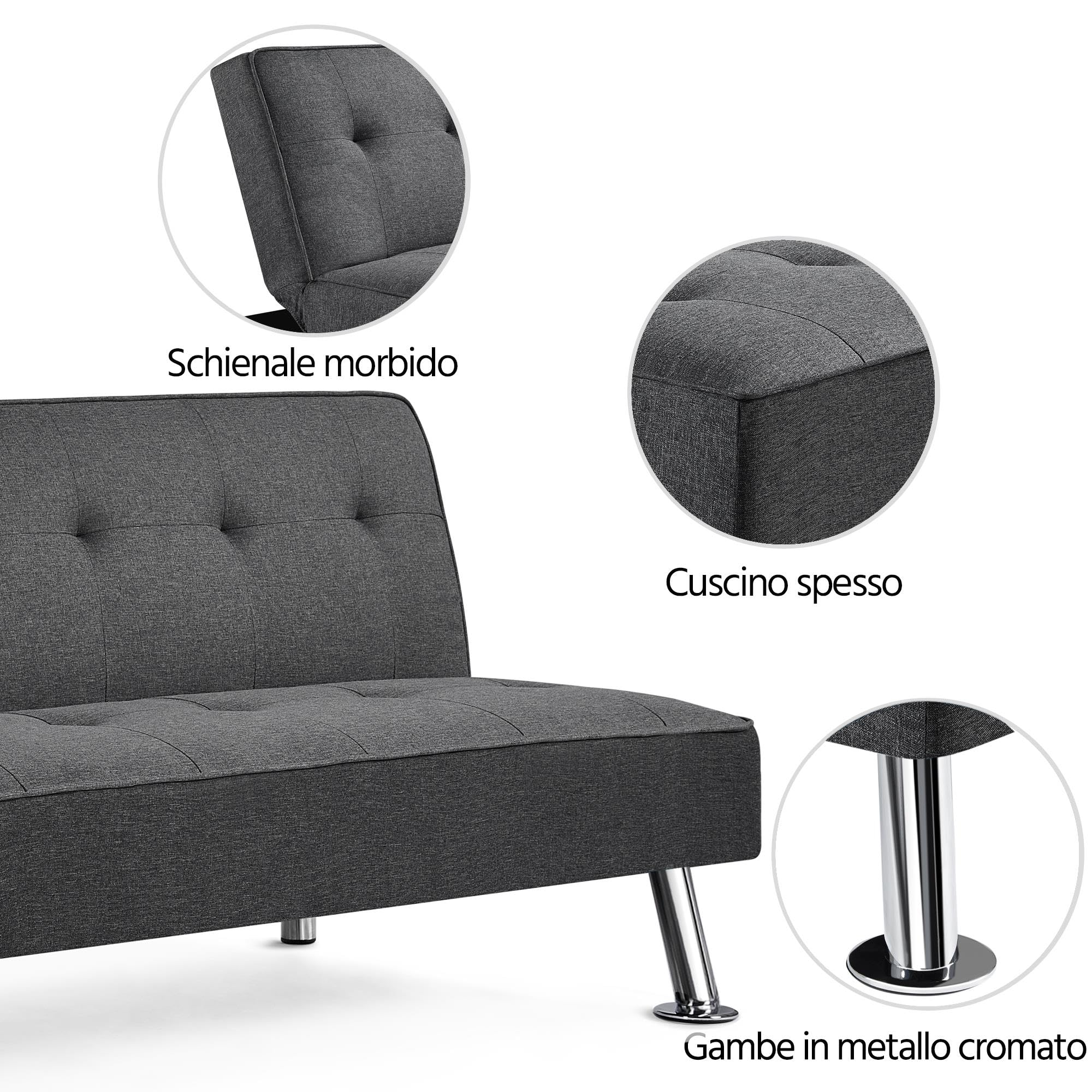 Yaheetech Divano Letto Divano Trasformabile in Letto Mobile Imbottito a 3 Posti Divanetto Reclinabile con Gambe in Metallo da Salotto Camera degli Ospiti Grigio Scuro