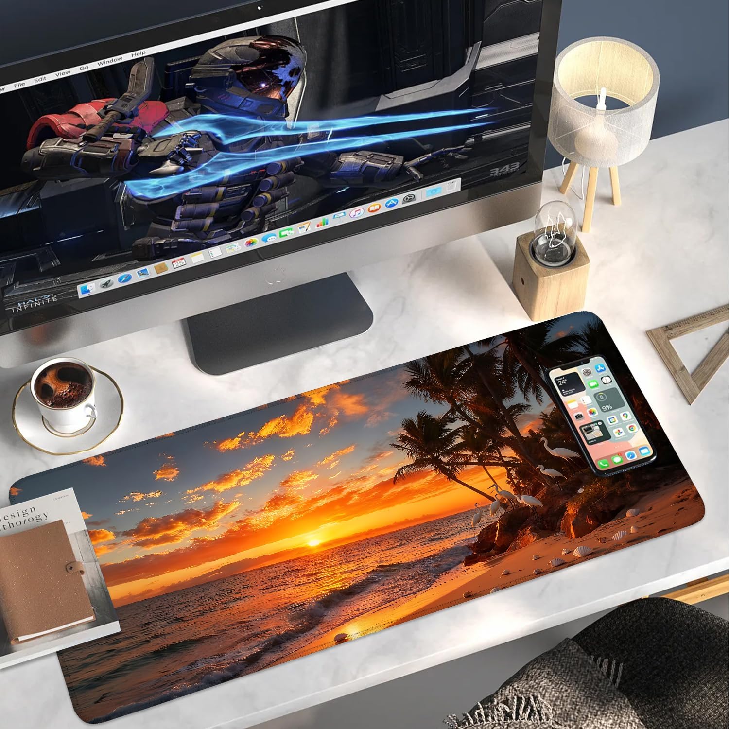 Tropical Beach Sunset Extended Gaming Mouse Pad,35.4 x 15.7 Inch Large Desk Mat with Stitched Edges,Spring Water-Resistant Mousepad with Non-Slip Rubber Base for Gaming,Office,Study