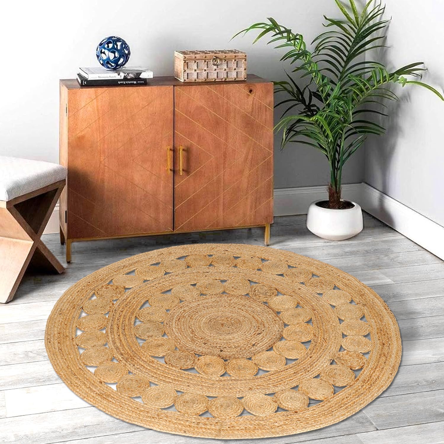 Hand Woven Jute Area Rug - 4' Round - Rustic Beige Reversible Farmhouse Rugs for Bedroom, Kitchen, Living Room - Vintage Natural Braided Entry Floor Décor Circle Boho Round Rugs 4 feet