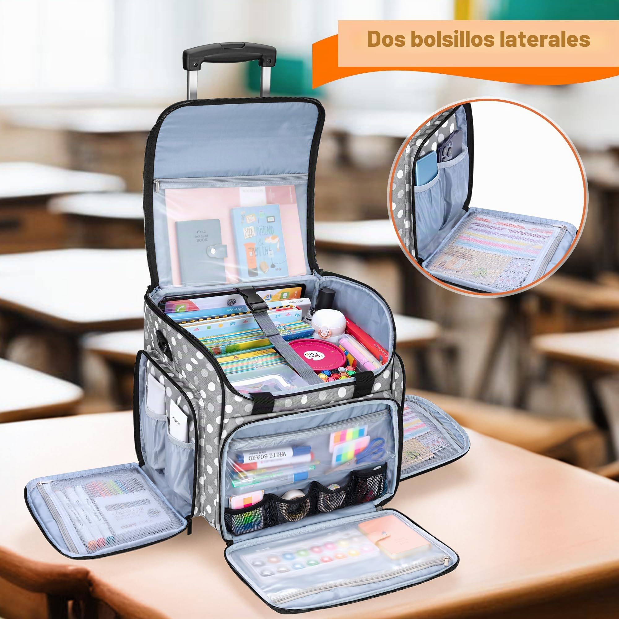 Luxja Bolsa de Profesora con Carro Desmontable, Bolso para Maestra con Múltiples Bolsillos y Almohadilla de Soporte Inferior, Puntos Grises