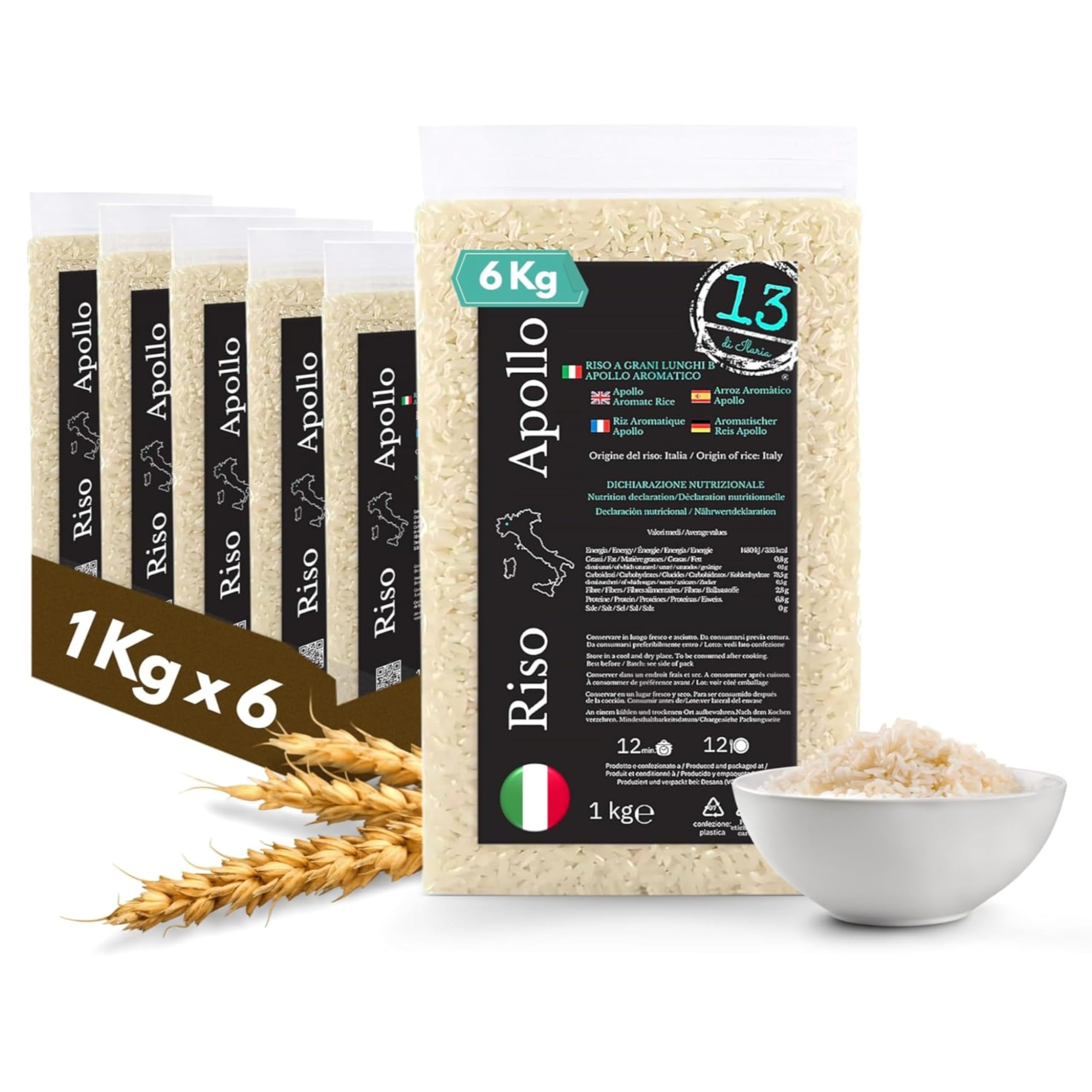 Arroz Largo Italiano Apollo – 6 kg (6 x 1 kg) – Formato Económico Familiar – Ideal para Ensaladas y Guarniciones – Suelto, Ligero, Sin Gluten – Cultivado en Italia | 13 di Ilaria