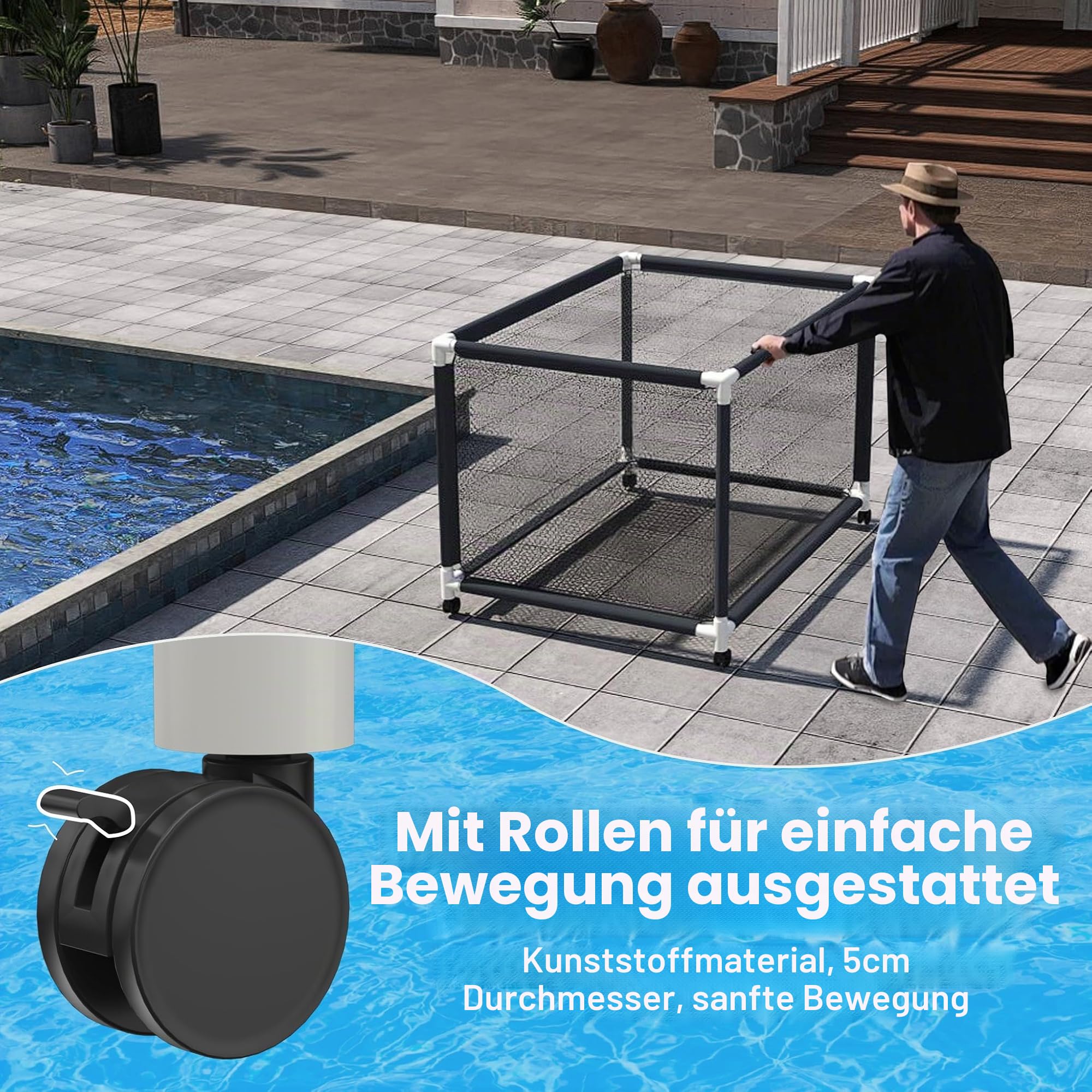 FIVMEN Pool-Aufbewahrungsbehälter mit Rolle Nudelhalter Aufbewahrungswagen mit Nylon-Netz Große Kapazität Organizer für Nudeln Spielzeug Schwimmring Handtücher, 122x78x88 cm