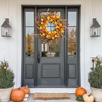 Fall Wreath 20 Inches Autumn Wreaths for Front Door Orange Daisy Wreath with Grain Ears for Indoor Outside Door Thanksgiving Day Harvest Festival Celebrations