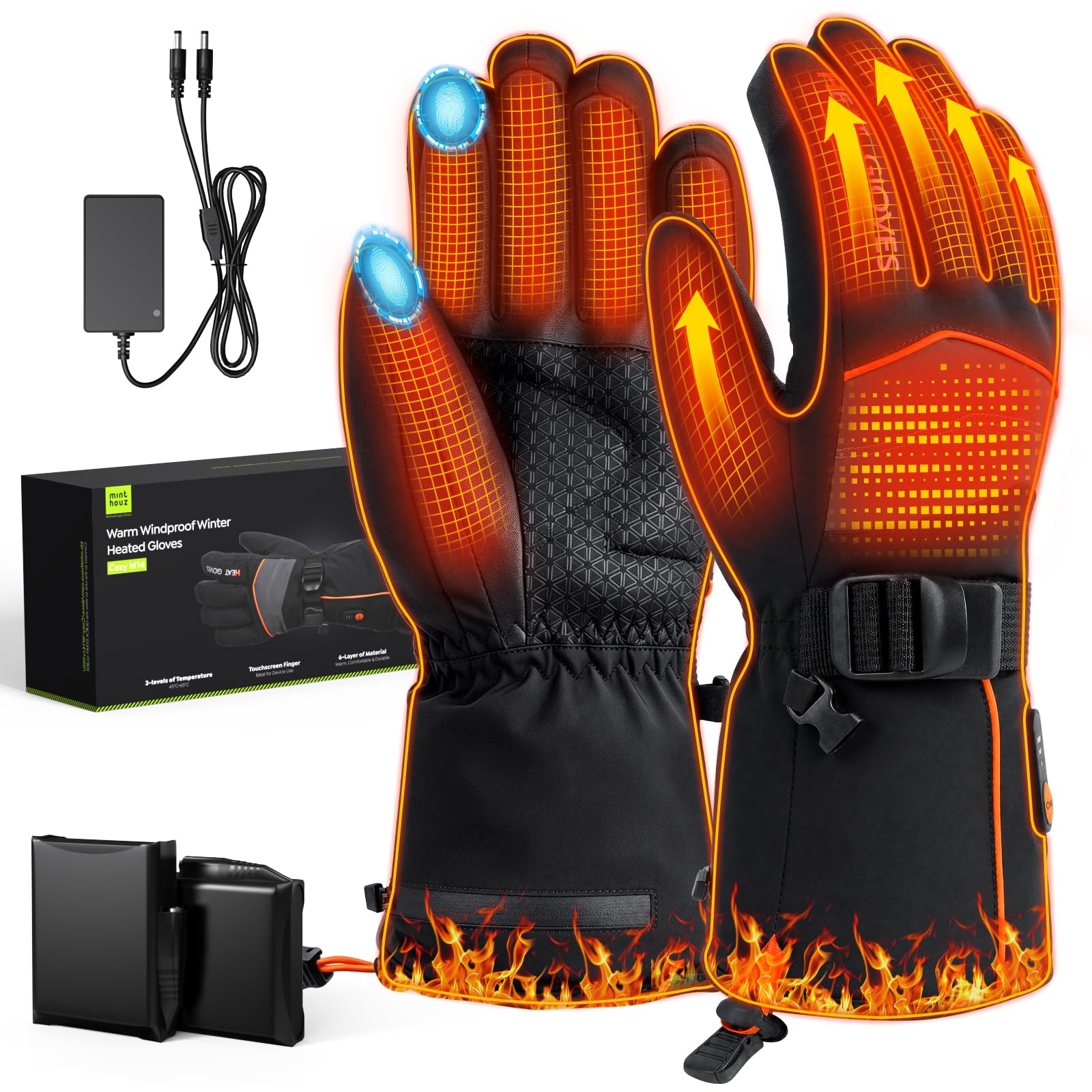 Minthouz Heated Gloves, 7.4V 3000mAh Electric Gloves for Men Women XL