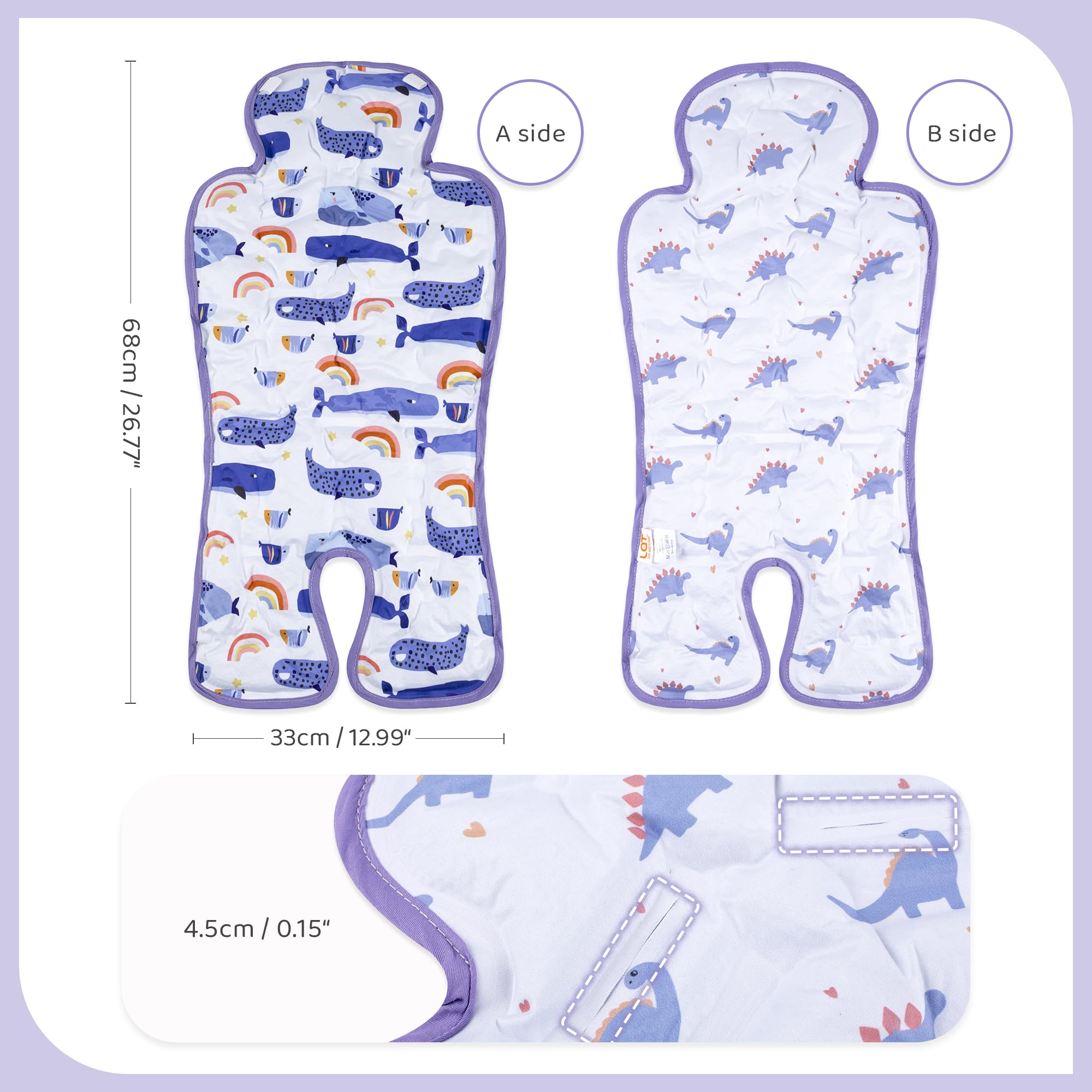 LAT Coussin Siège d’été pour Poussette, Réversible Coussin Réducteur d’été pour Poussette, Coussin Soutien Bébé avec Gel Rafraîchissant pour Poussette et Chaise Haute (Baleine+Dinosaure)