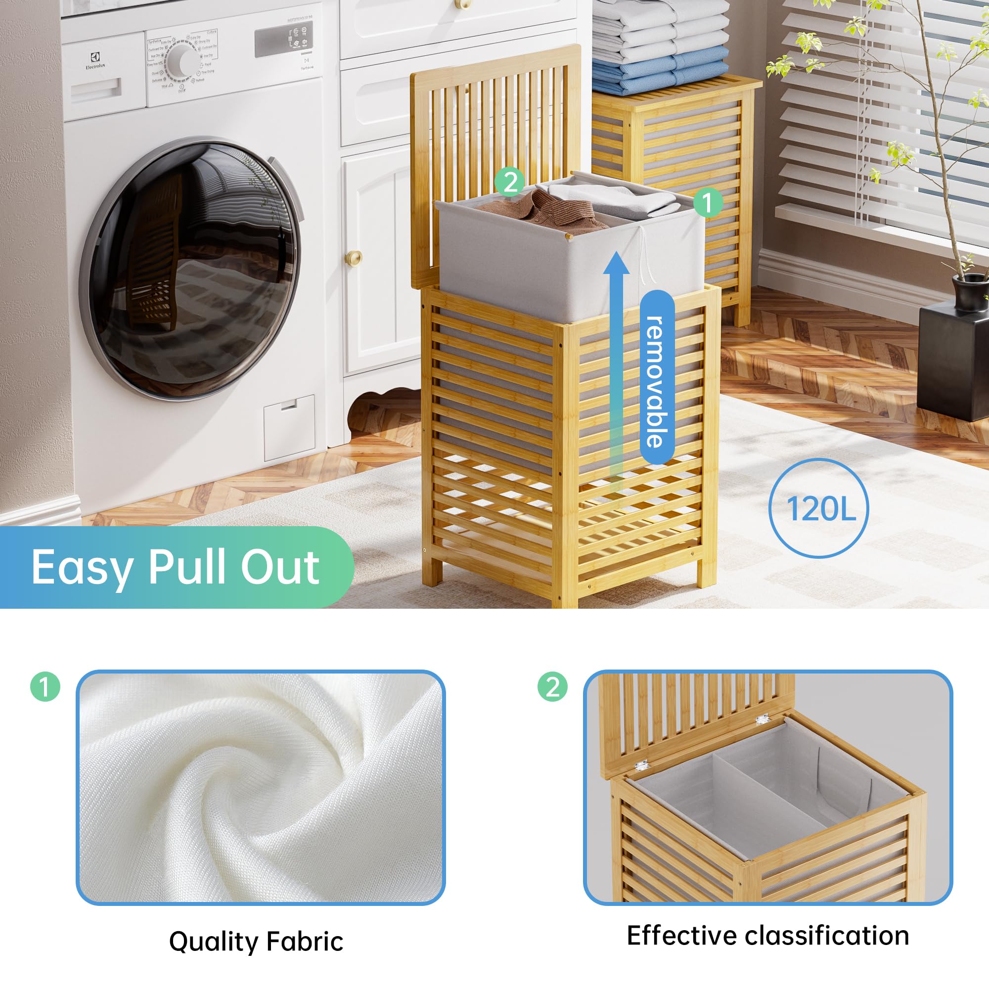 SMIBUY Panier à linge en bambou 120L avec couvercle, sac de doublure amovible, trieur à linge à 2 sections, naturel, beige, à rayure