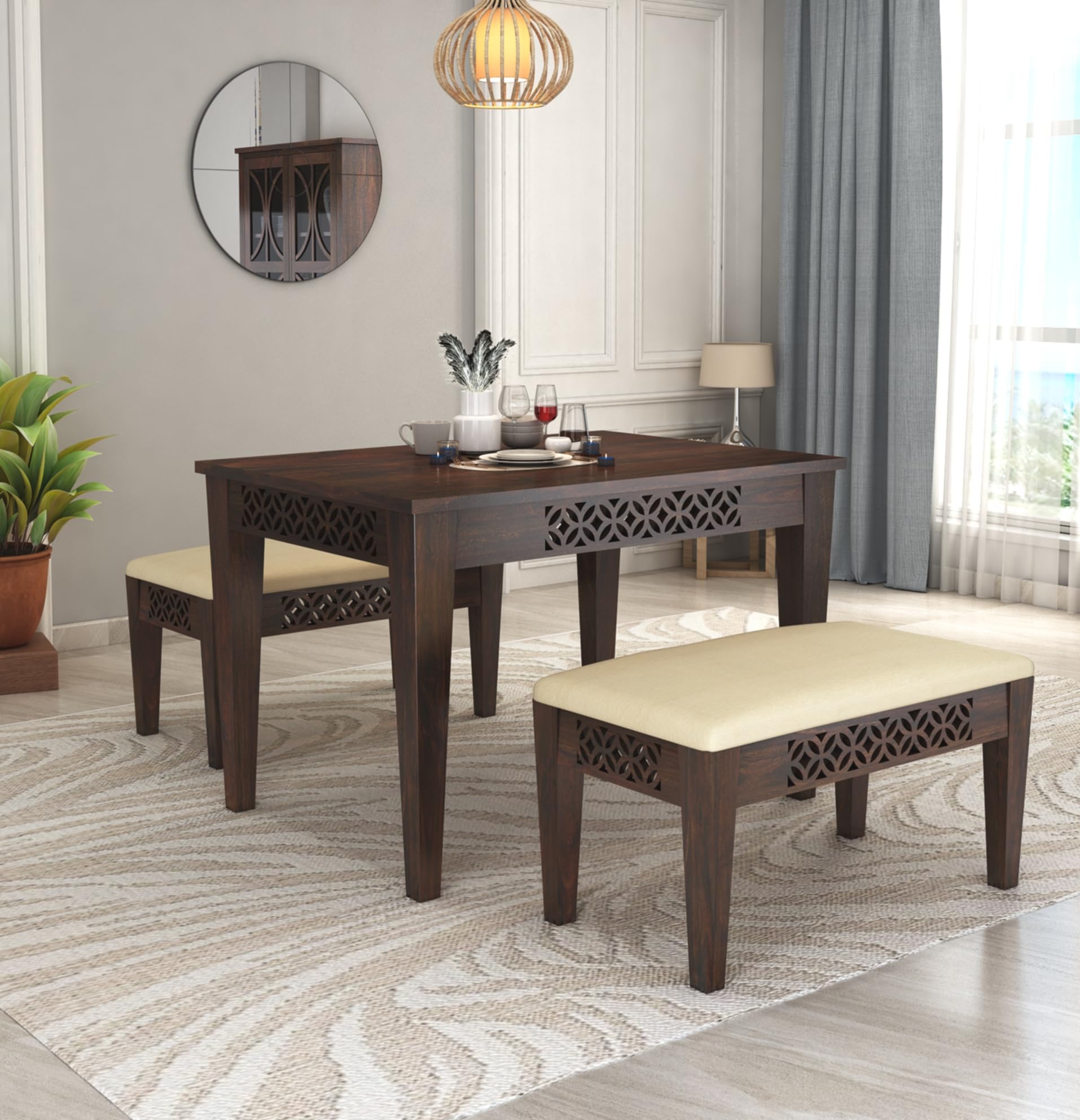 CNC Solid Sheesham Wood Dining Table 4 Seater Dining Table Set with 2 Bench Dinner Table Set for Dinning Room Home, Hotel and Office (Walnut Finish)