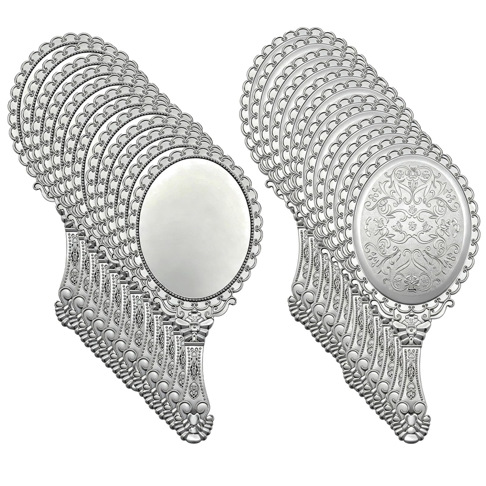 Photo 1 of Ziuipuv 24 Pcs Vintage Handheld Mirrors for Makeup, Silver Embossed Floral Portable Princess Hand Mirror with Handle, Compact Travel Cosmetic Purse Mirror for Party Favors, Girls, Women (Silver)