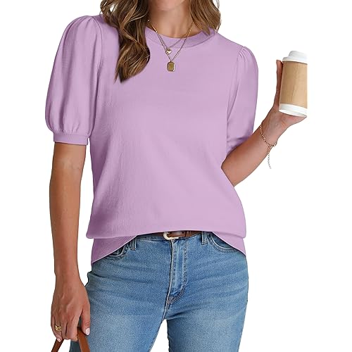 WIHOLL Women's Puff Short Sleeve Sweater 2025 Spring Summer Tops Trendy Business Casual Outfits Work Blouses Clothes