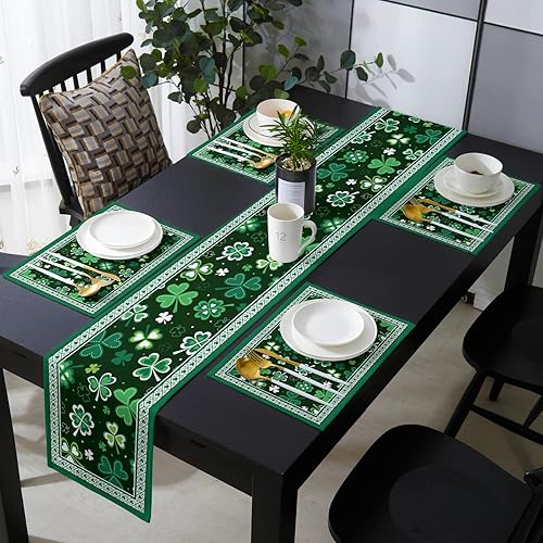 Juego de manteles individuales verdes con camino de mesa a juego de arpillera de algodón y lino 6 manteles individuales camino de 16 x 72 pulgadas